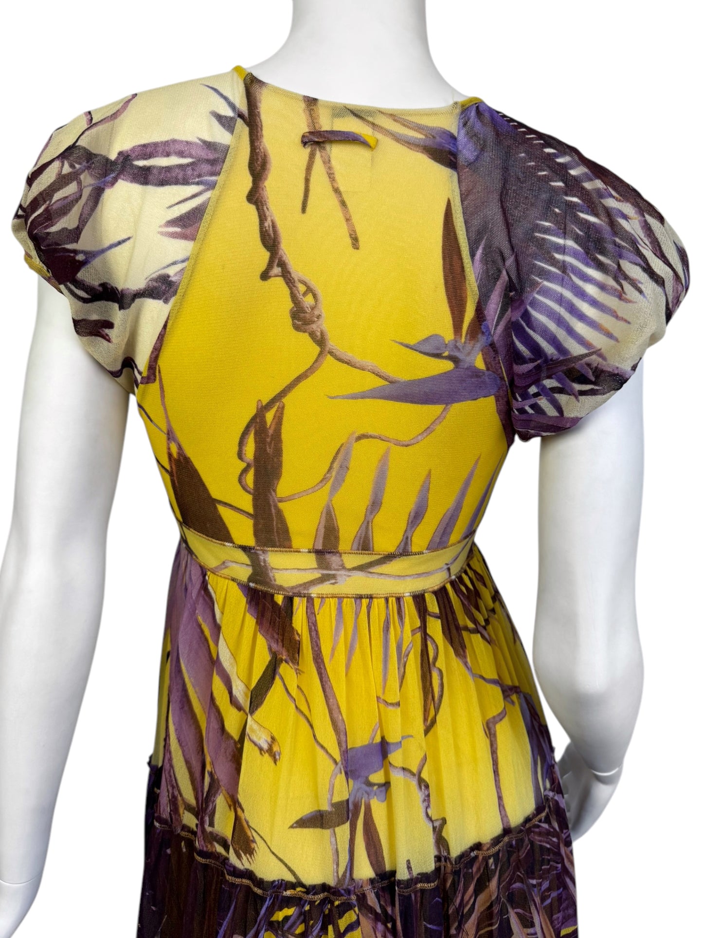 JEAN PAUL GAULTIER 2000s YELLOW & PURPLE MESH TROPICAL PRINT MIDI DRESS