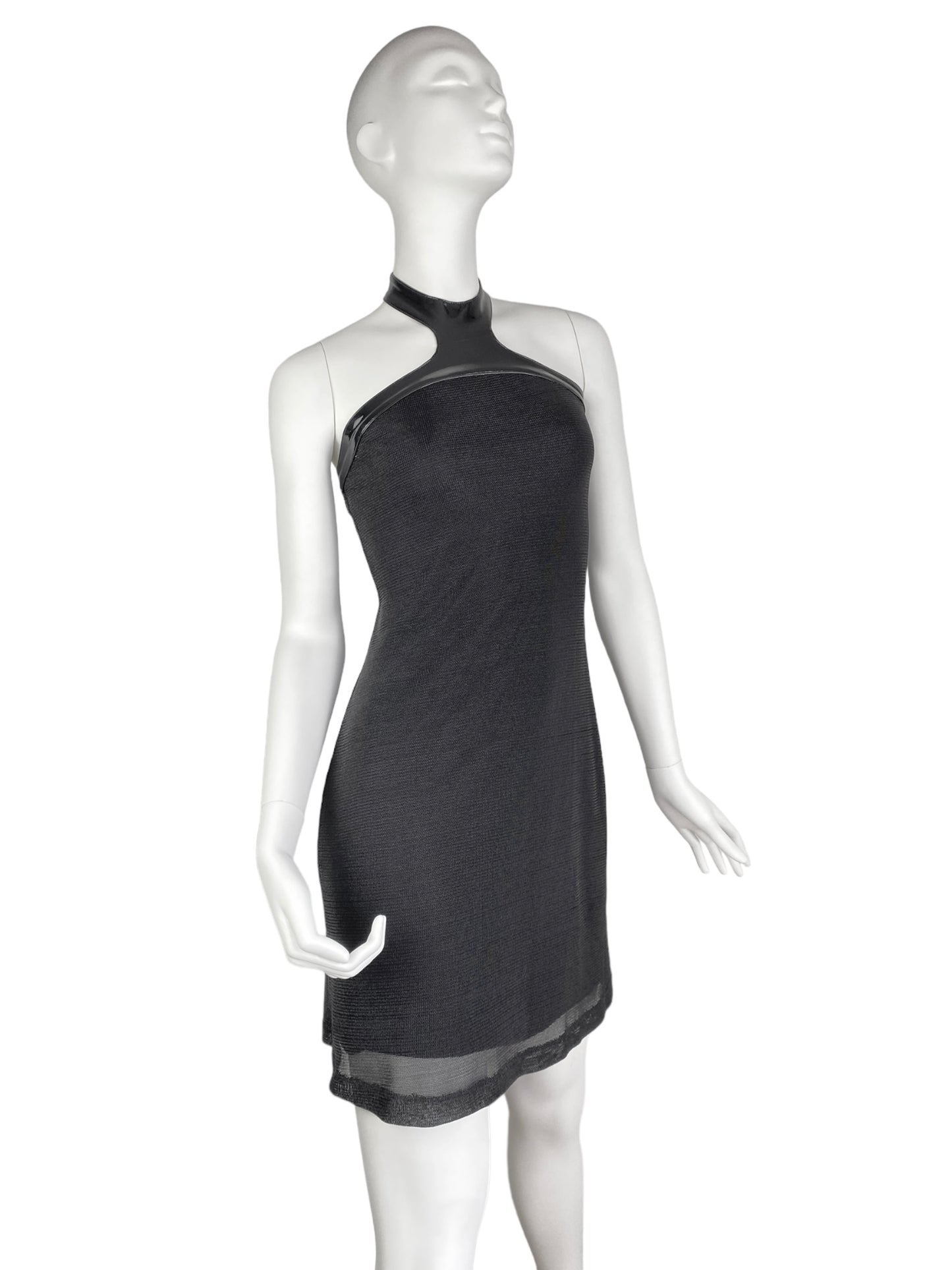 PLEIN SUD SS2004 BLACK METALLIC HALTERNECK MINI DRESS