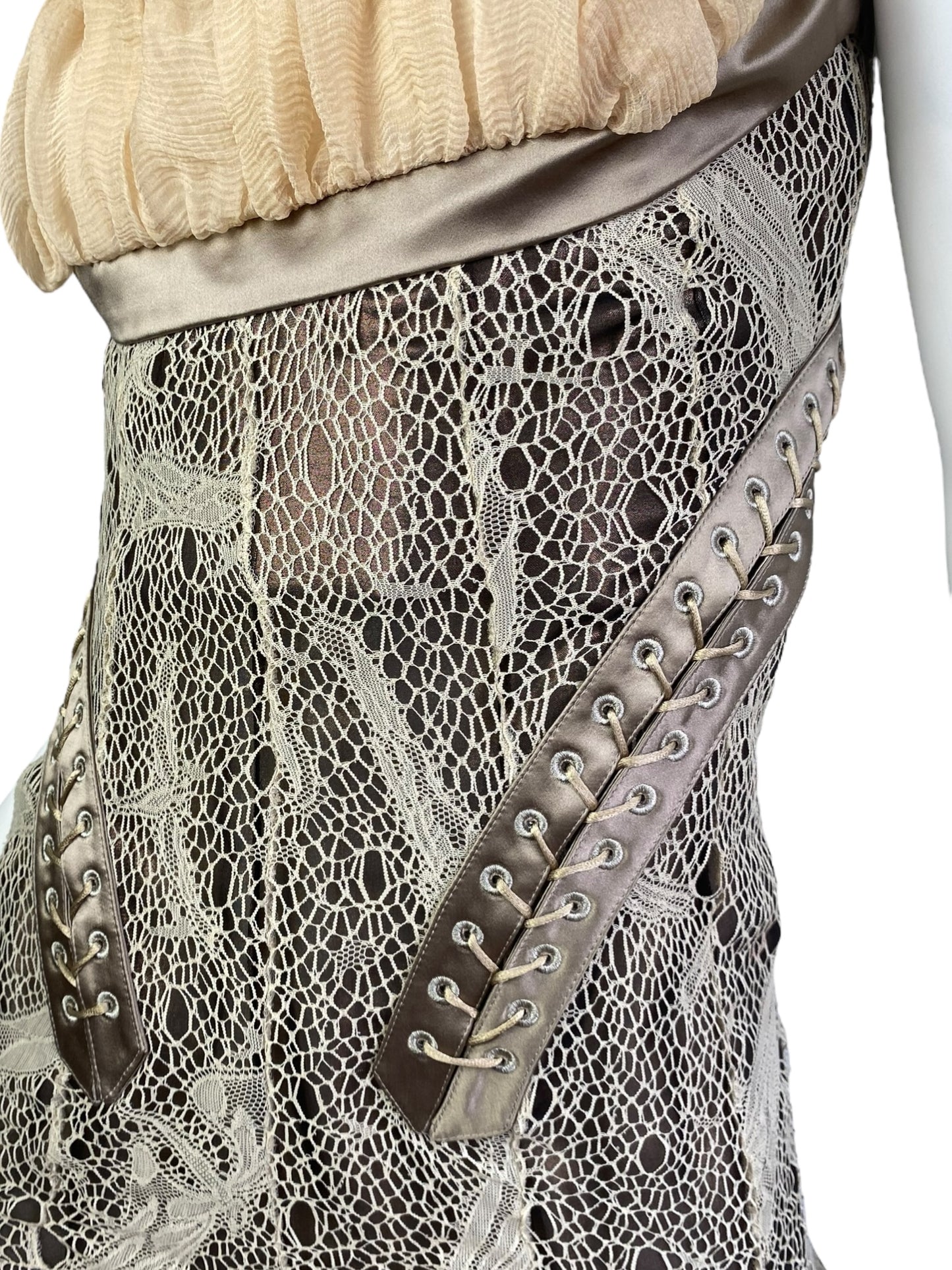 ALEXANDER MCQUEEN FW2002 «SUPERCALIFRAGILISTIC» BEIGE LACE & SILK BONDAGE CORSET MIDI DRESS