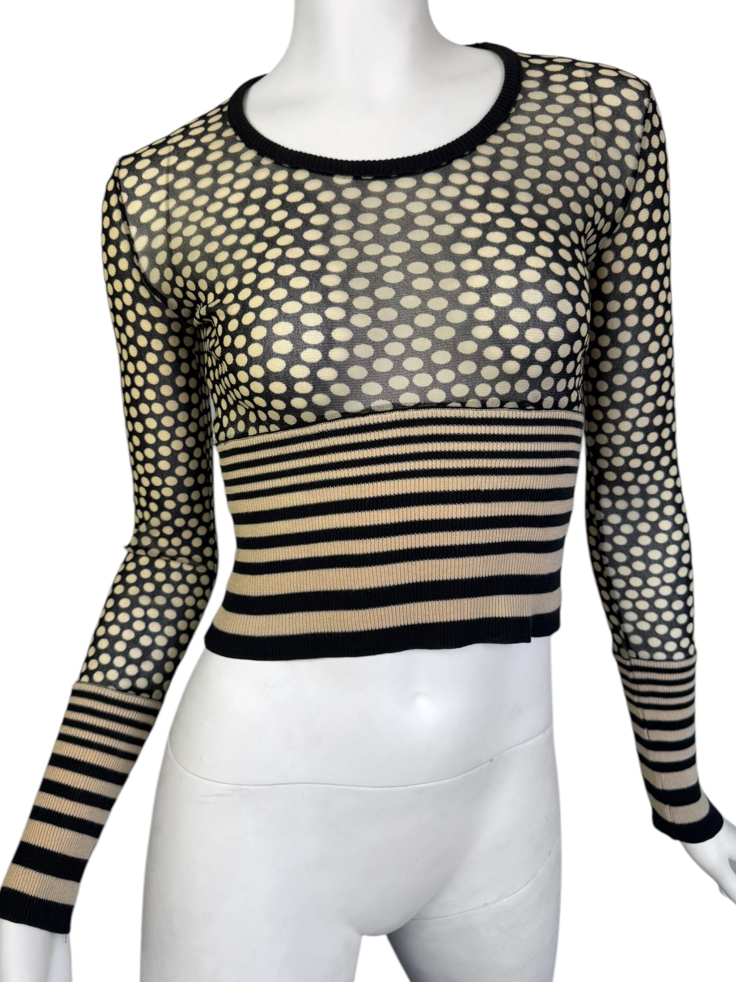 JEAN PAUL GAULTIER 2000s BEIGE & BLACK MESH POLKA DOT TOP