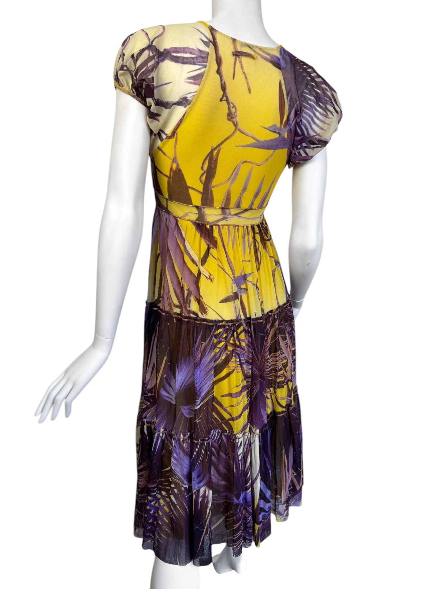 JEAN PAUL GAULTIER 2000s YELLOW & PURPLE MESH TROPICAL PRINT MIDI DRESS