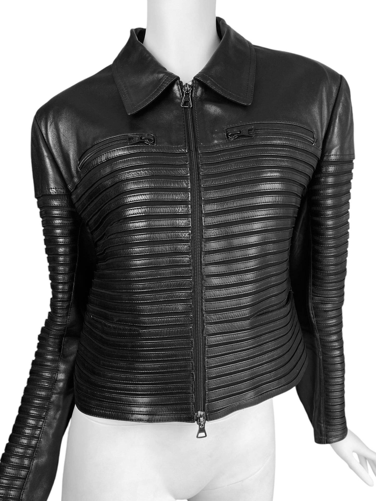 JITROIS 1999 BLACK LEATHER & SILK HORIZONTAL STRAPS ZIP JACKET
