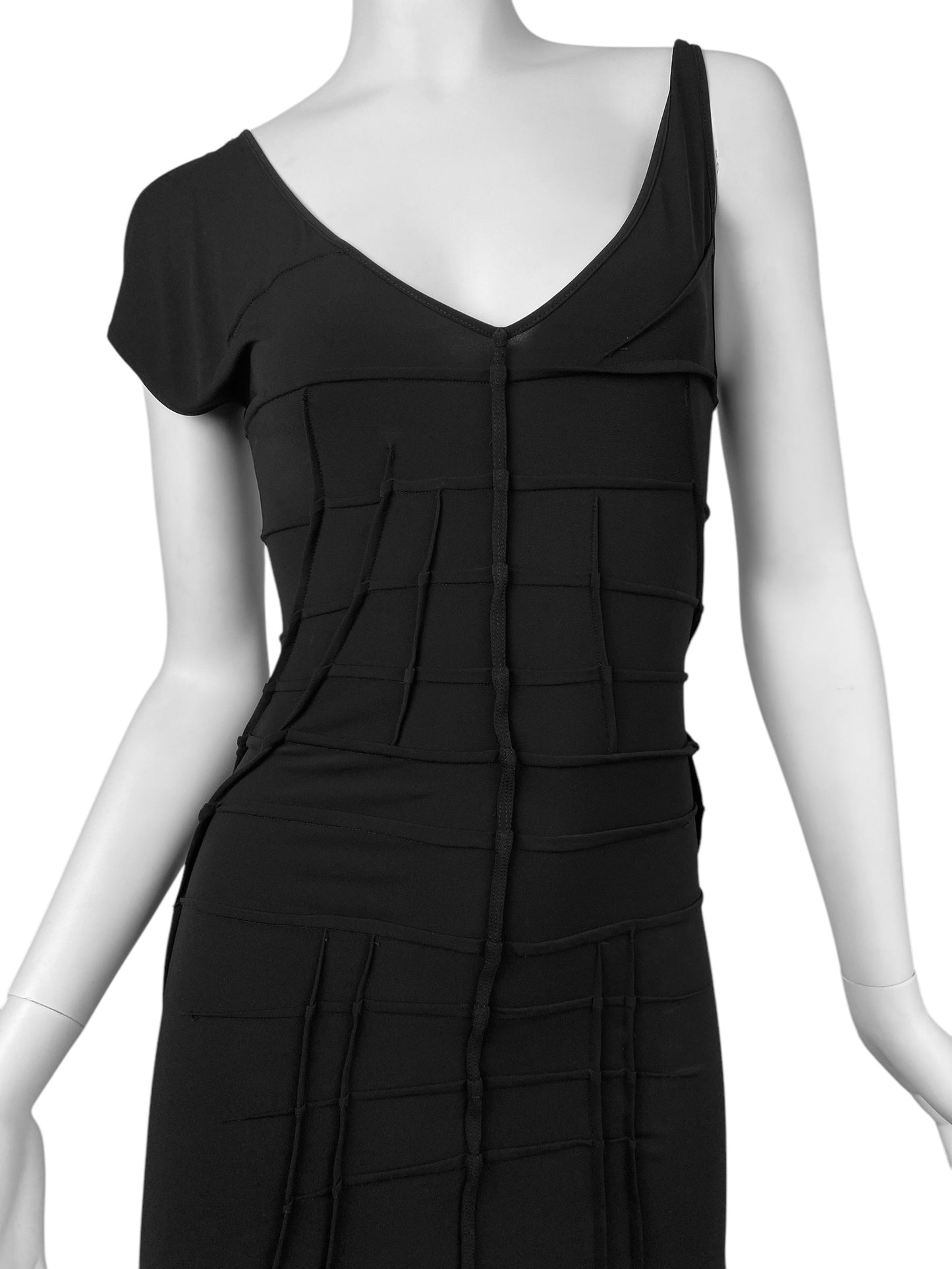 FAYÇAL AMOR SS2004 BLACK ASYMMETRICAL NECKLINE DARTED DRESS