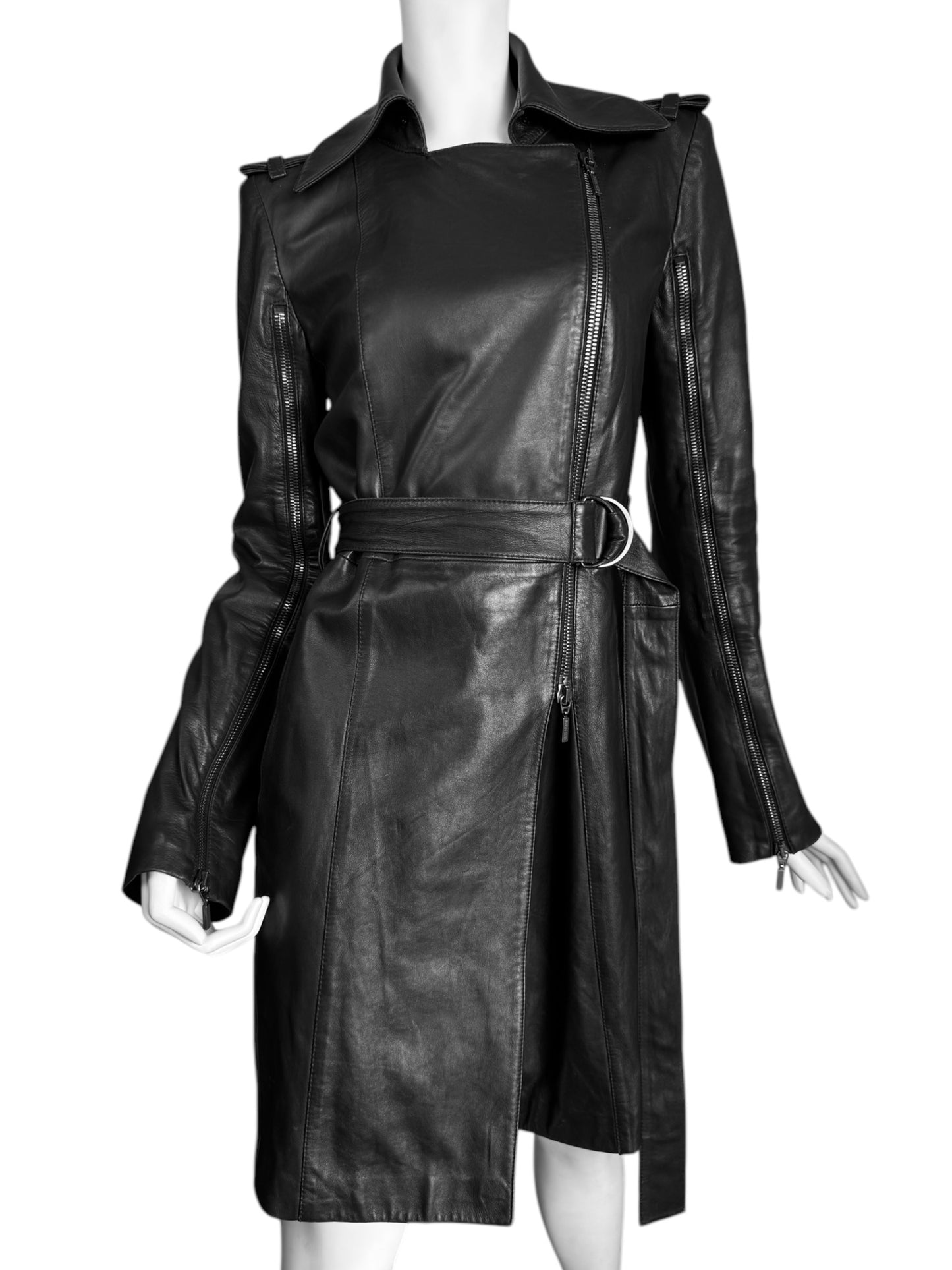 PLEIN SUD JEANS 2000s BLACK LEATHER ZIP SLEEVES COAT