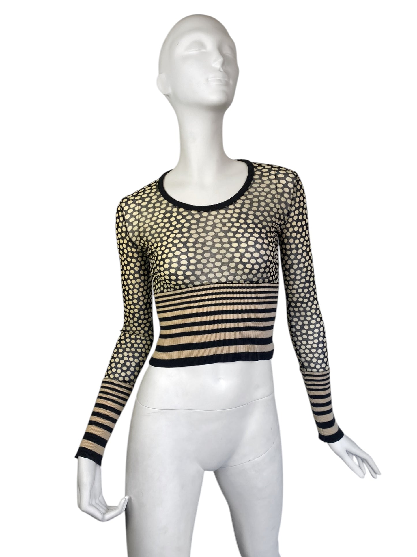JEAN PAUL GAULTIER 2000s BEIGE & BLACK MESH POLKA DOT TOP