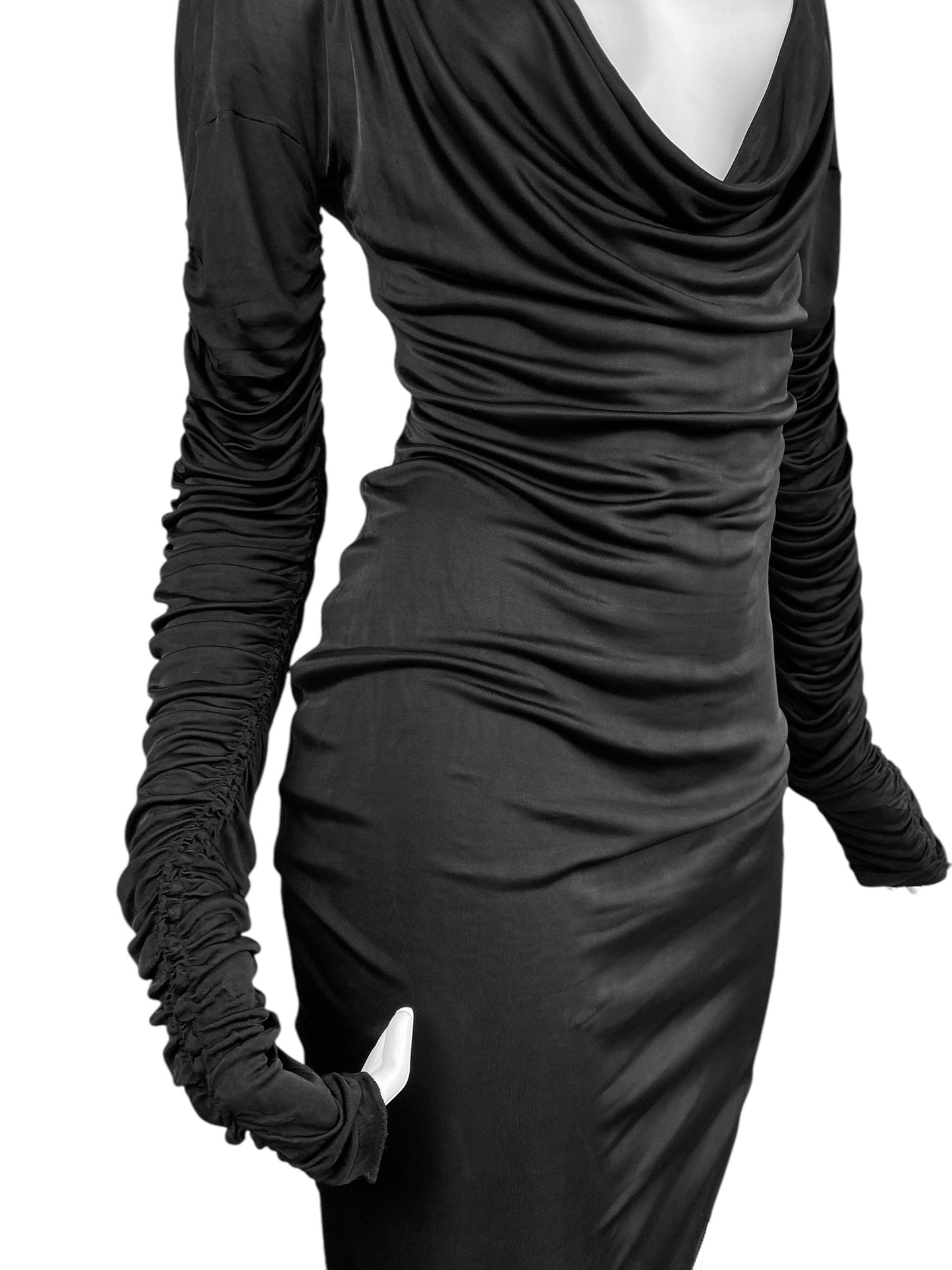 ALEXANDER MCQUEEN SS1996 «THE HUNGER» BLACK RUCHED SLEEVES DRAPED DRESS