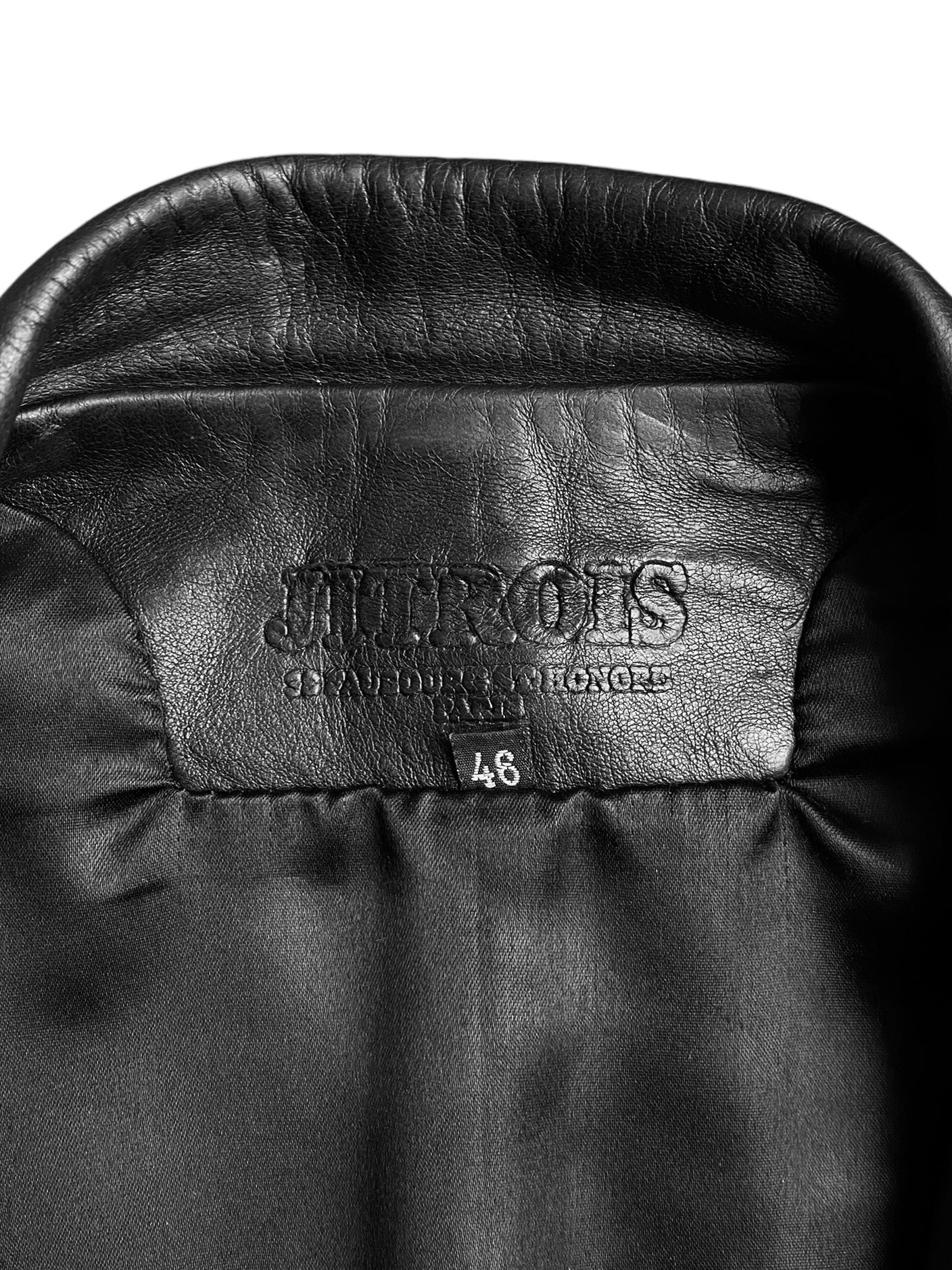 JITROIS 1999 BLACK LEATHER & SILK HORIZONTAL STRAPS ZIP JACKET