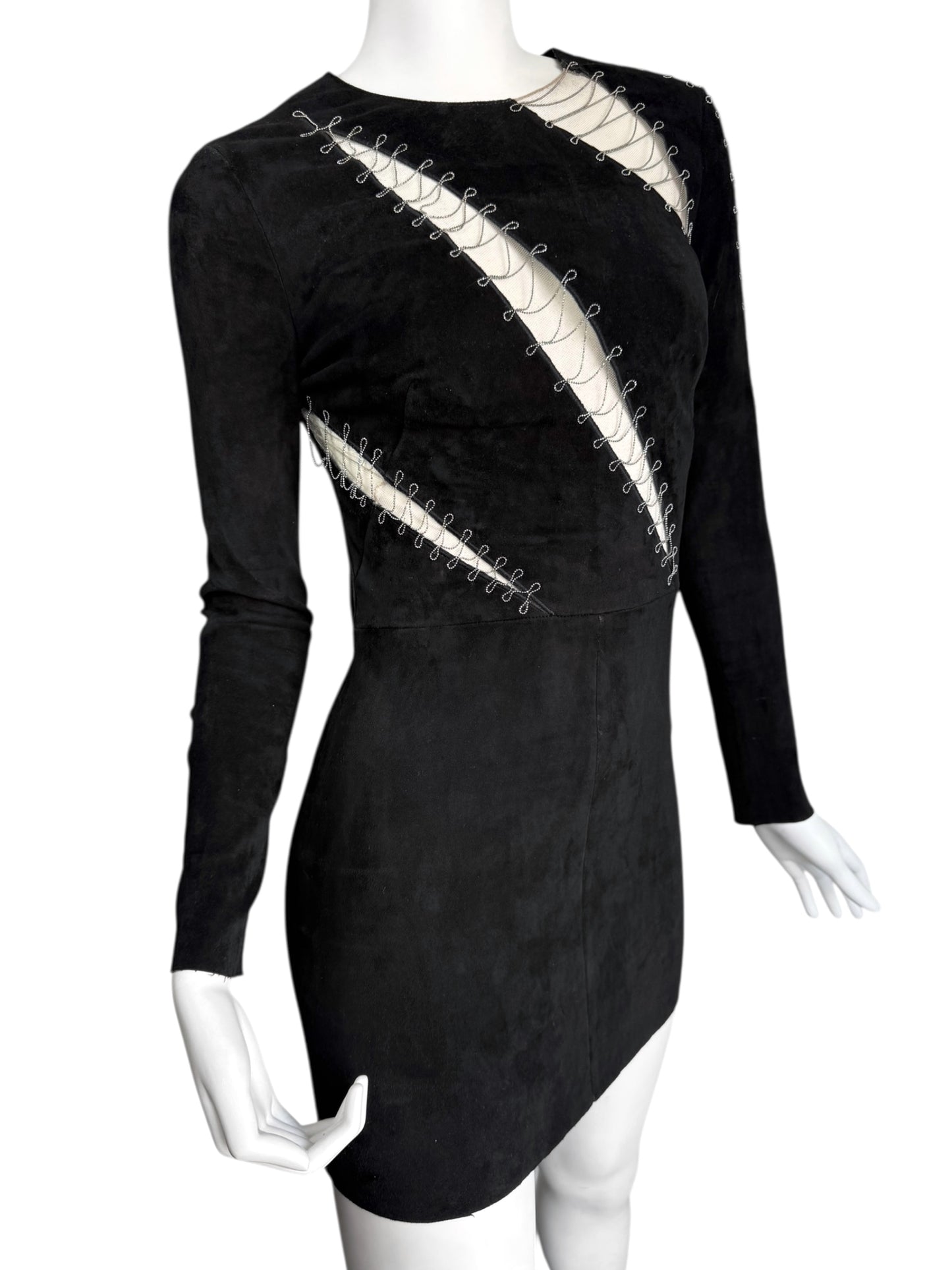 JITROIS 2000s BLACK SUEDE LEATHER TULLE CUT OUT MINI DRESS