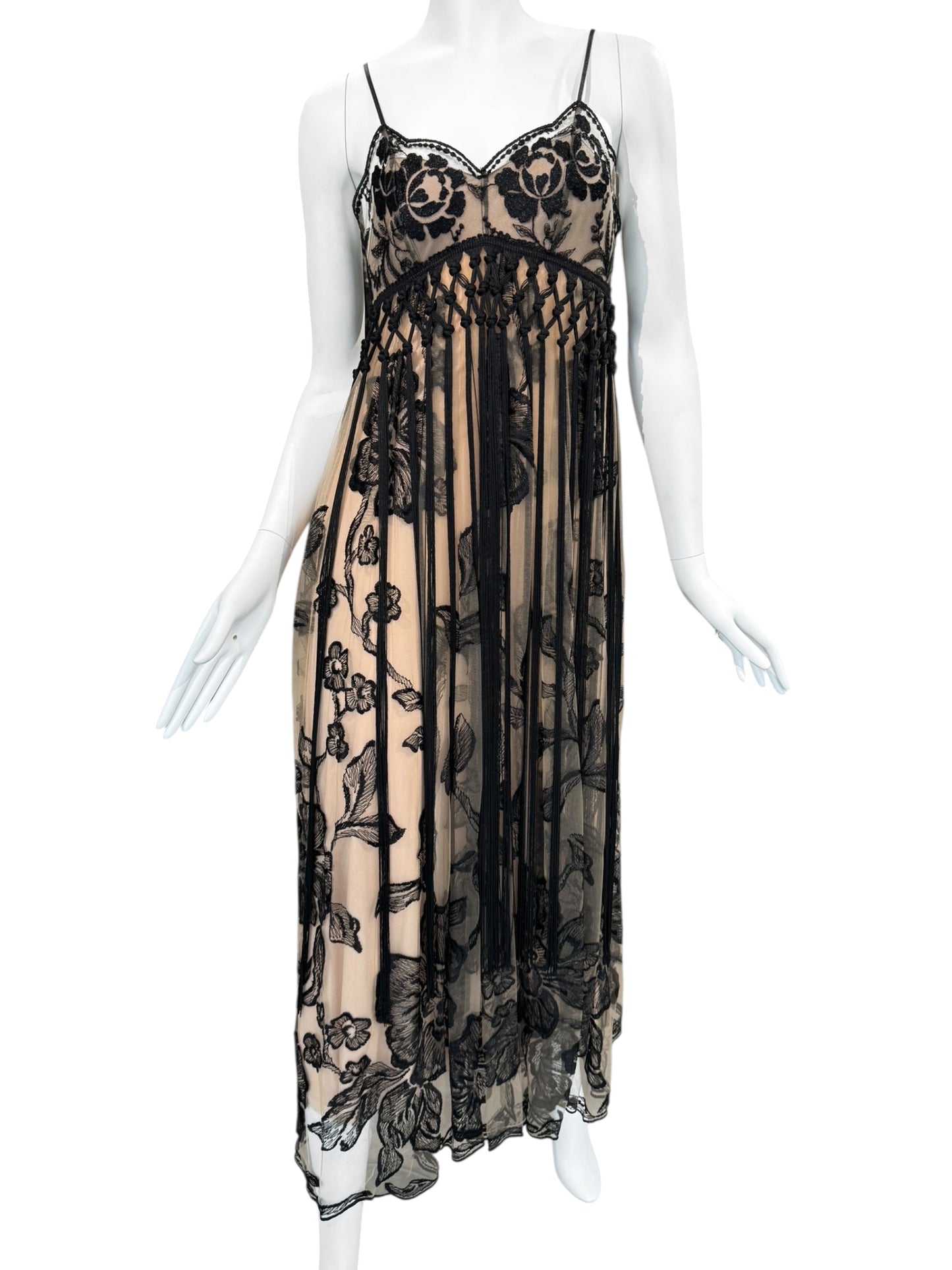 FAYÇAL AMOR 2019 BEIGE & BLACK FLORAL FRINGES MAXI DRESS