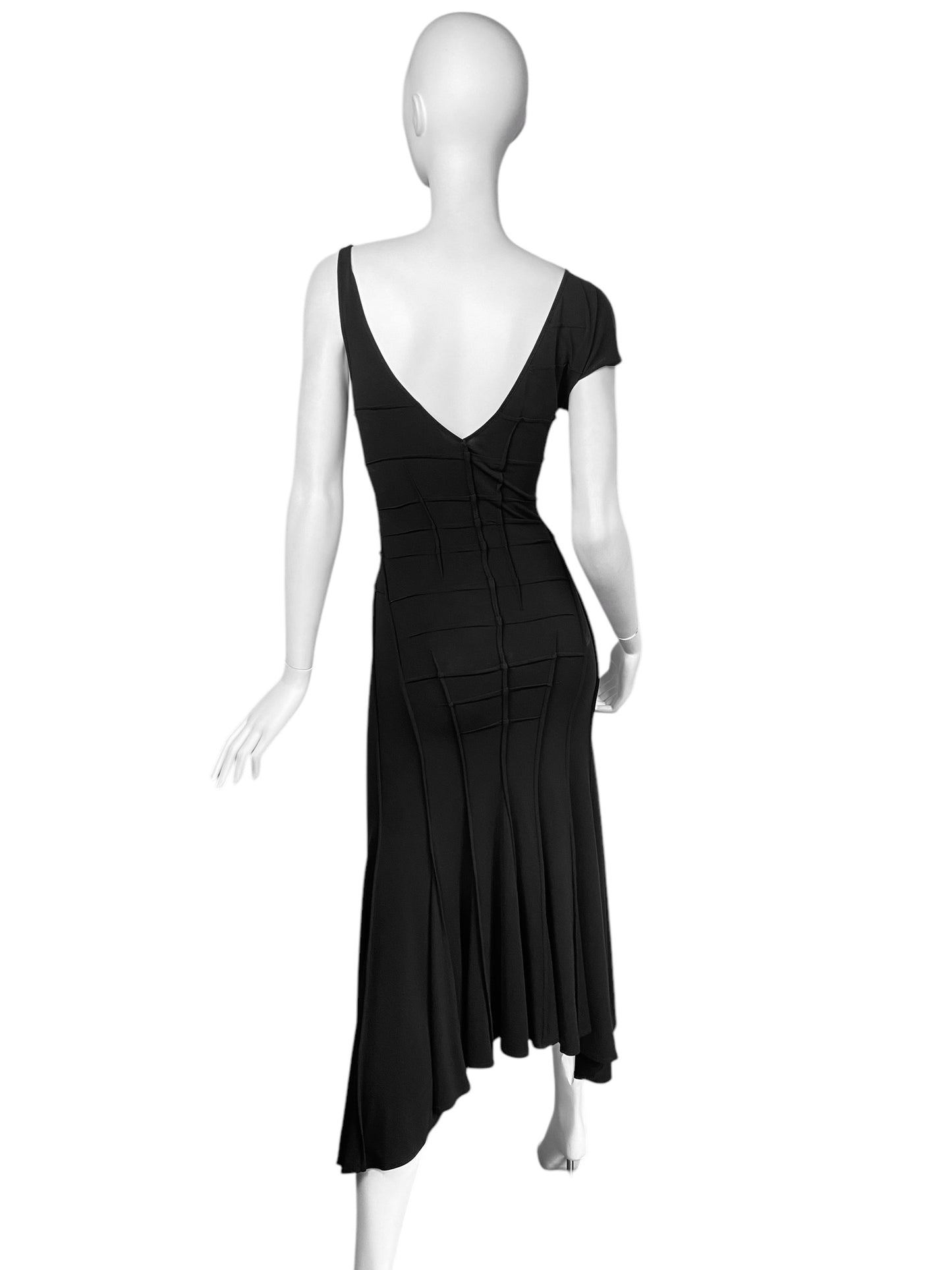 FAYÇAL AMOR SS2004 BLACK ASYMMETRICAL NECKLINE DARTED DRESS