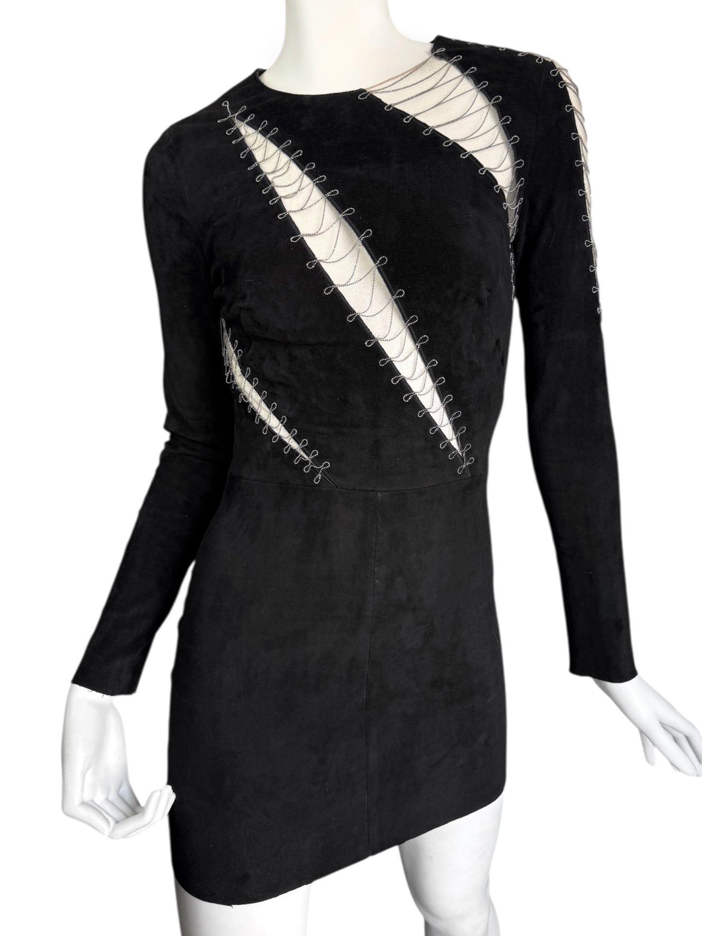 JITROIS 2000s BLACK SUEDE LEATHER TULLE CUT OUT MINI DRESS