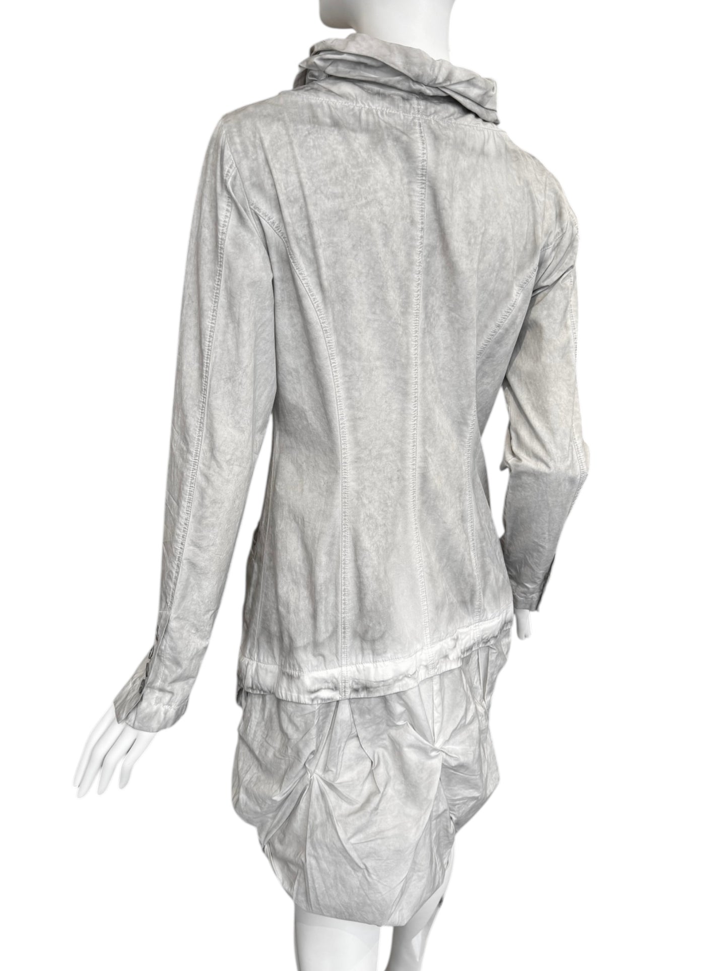 Y’S YOHJI YAMAMOTO 2000s GREY RUSHED DRAPED HEM LIGHTWEIGHT COAT