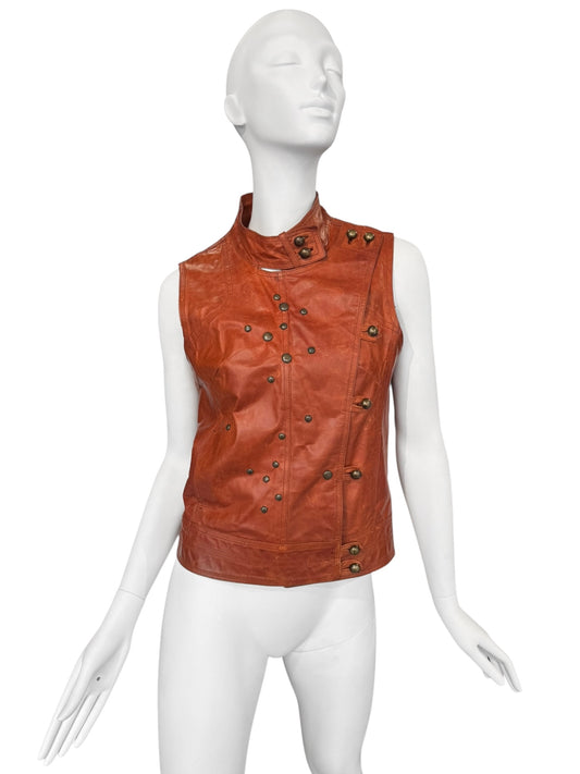 PLEIN SUD 2000s BURNT ORANGE STUDDED ASYMMETRICAL VEST
