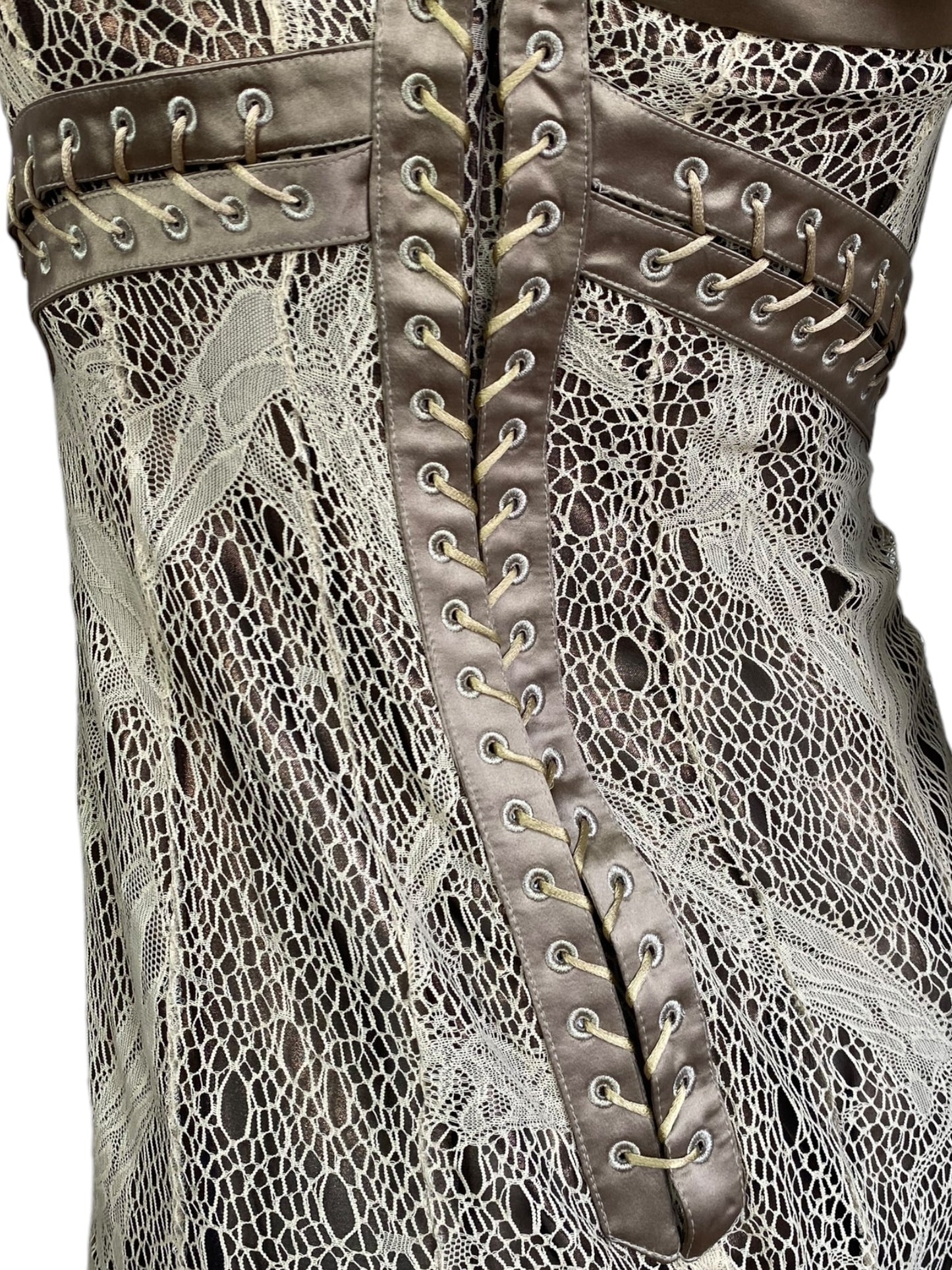 ALEXANDER MCQUEEN FW2002 «SUPERCALIFRAGILISTIC» BEIGE LACE & SILK BONDAGE CORSET MIDI DRESS
