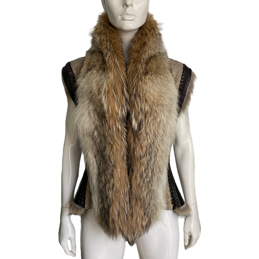 JEAN-PAUL GAULTIER FW2008 FOX FUR, LEATHER & RHINESTONES SLEEVELESS JACKET