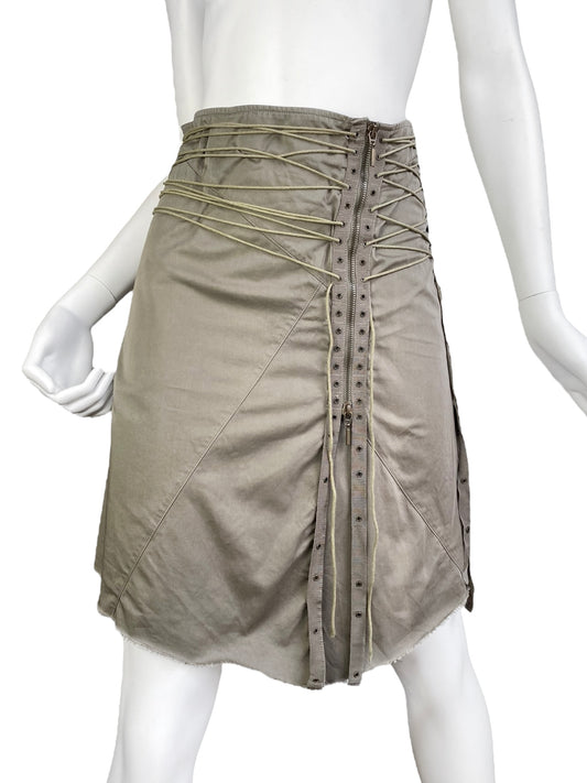 PLEIN SUD SS2003 KHAKI LACE-UP BONDAGE MIDI SKIRT