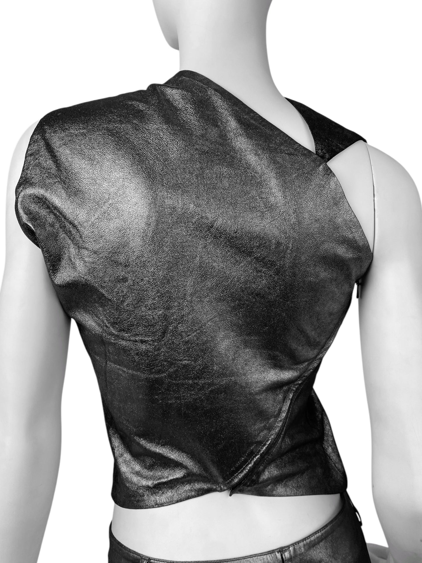 PLEIN SUD 1990s METALLIC GREY LEATHER ASYMMETRICAL TANK TOP
