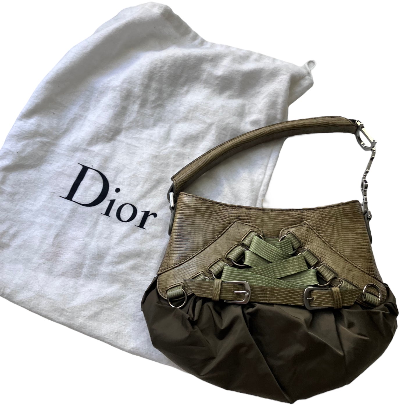 DIOR 2000s BY GALLIANO KHAKI GREEN NYLON & LEATHER BALLET CORSET BAG