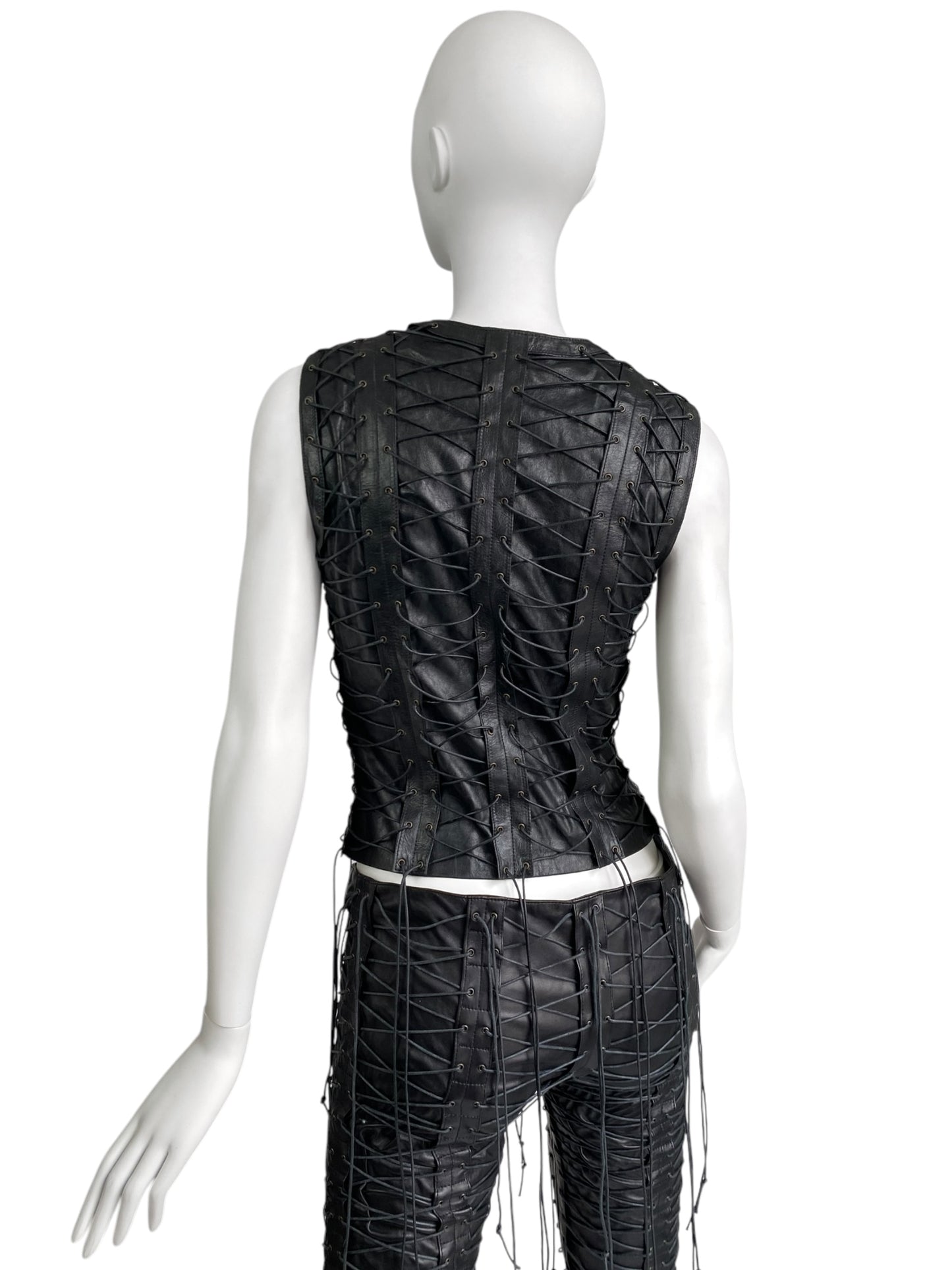 PLEIN SUD FW2002 BLACK LEATHER LACE-UP CAGE SLEEVELESS JACKET