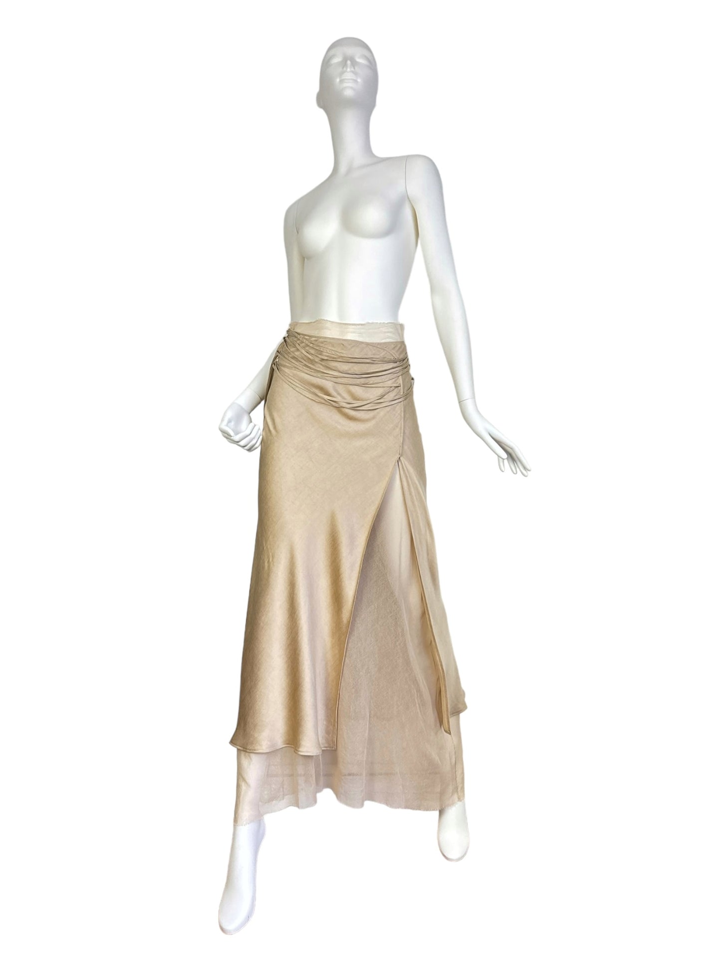 FAYÇAL AMOR 2000s BEIGE SATIN TULLE LACED MAXI SKIRT