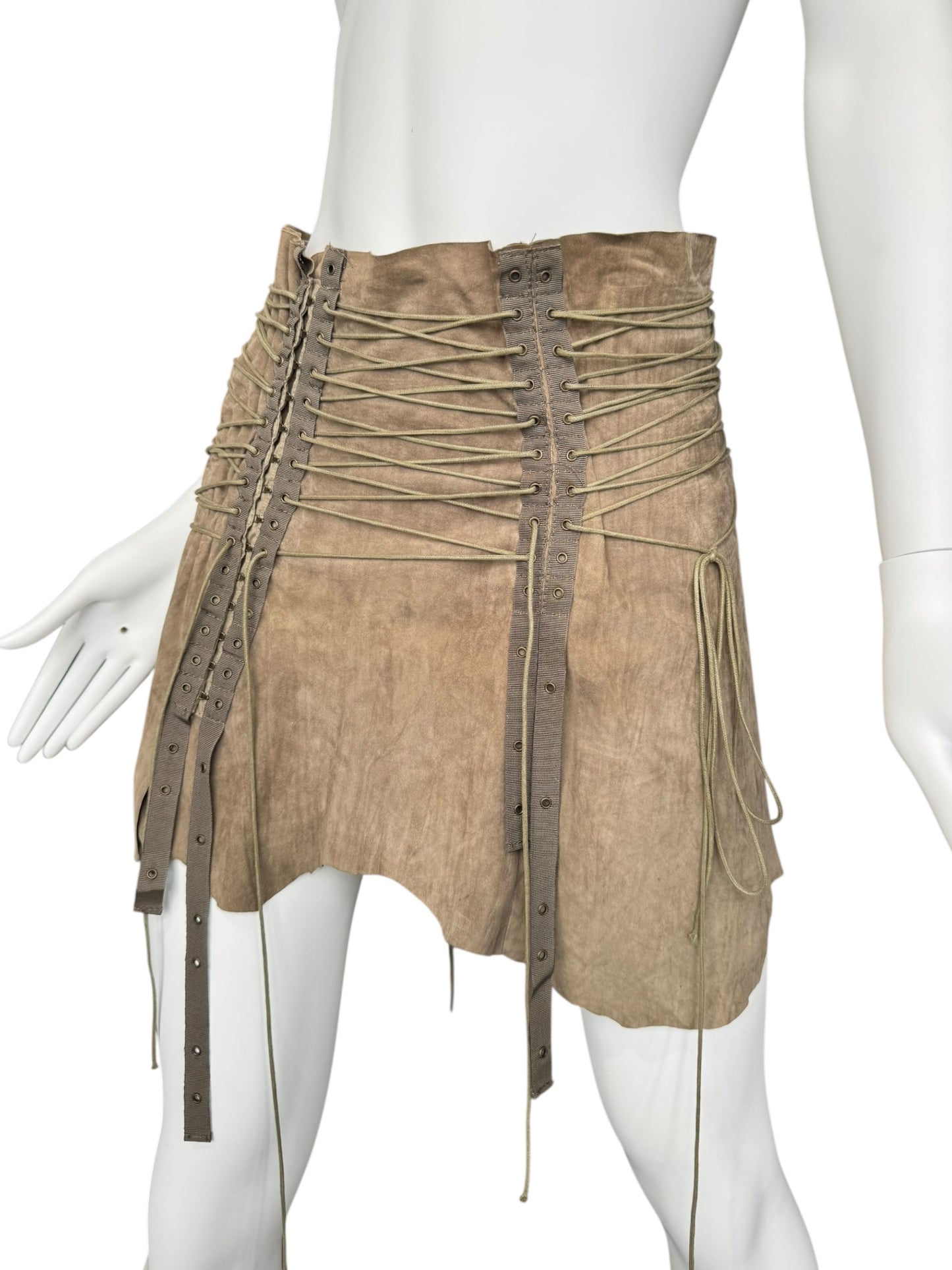 PLEIN SUD SS2003 KHAKI SUEDE LEATHER LACE-UP MINI SKIRT