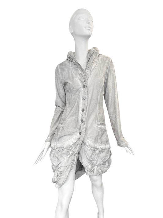 Y’S YOHJI YAMAMOTO 2000s GREY RUSHED DRAPED HEM LIGHTWEIGHT COAT