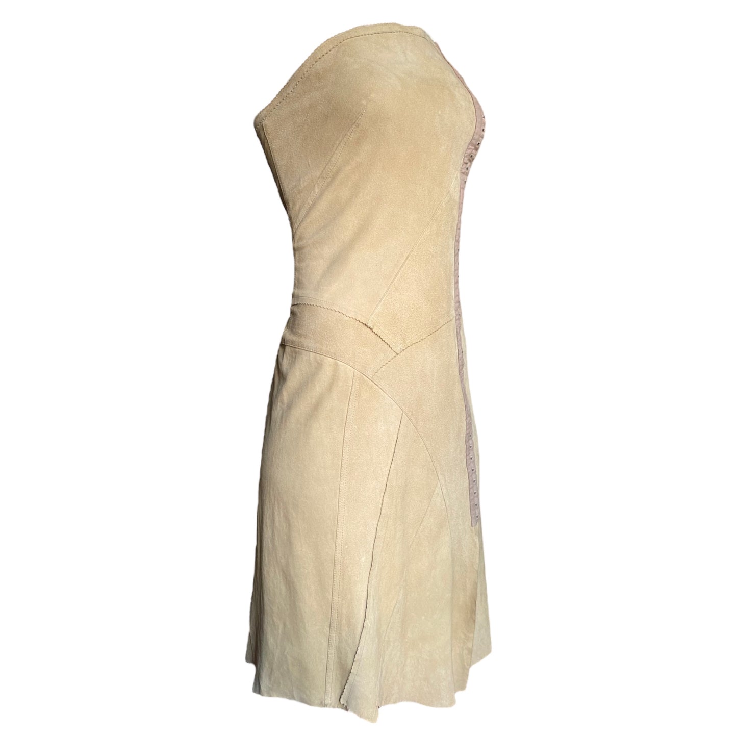 PLEIN SUD SS2003 BEIGE LEATHER PATCHWORK HOOKED BUSTIER DRESS