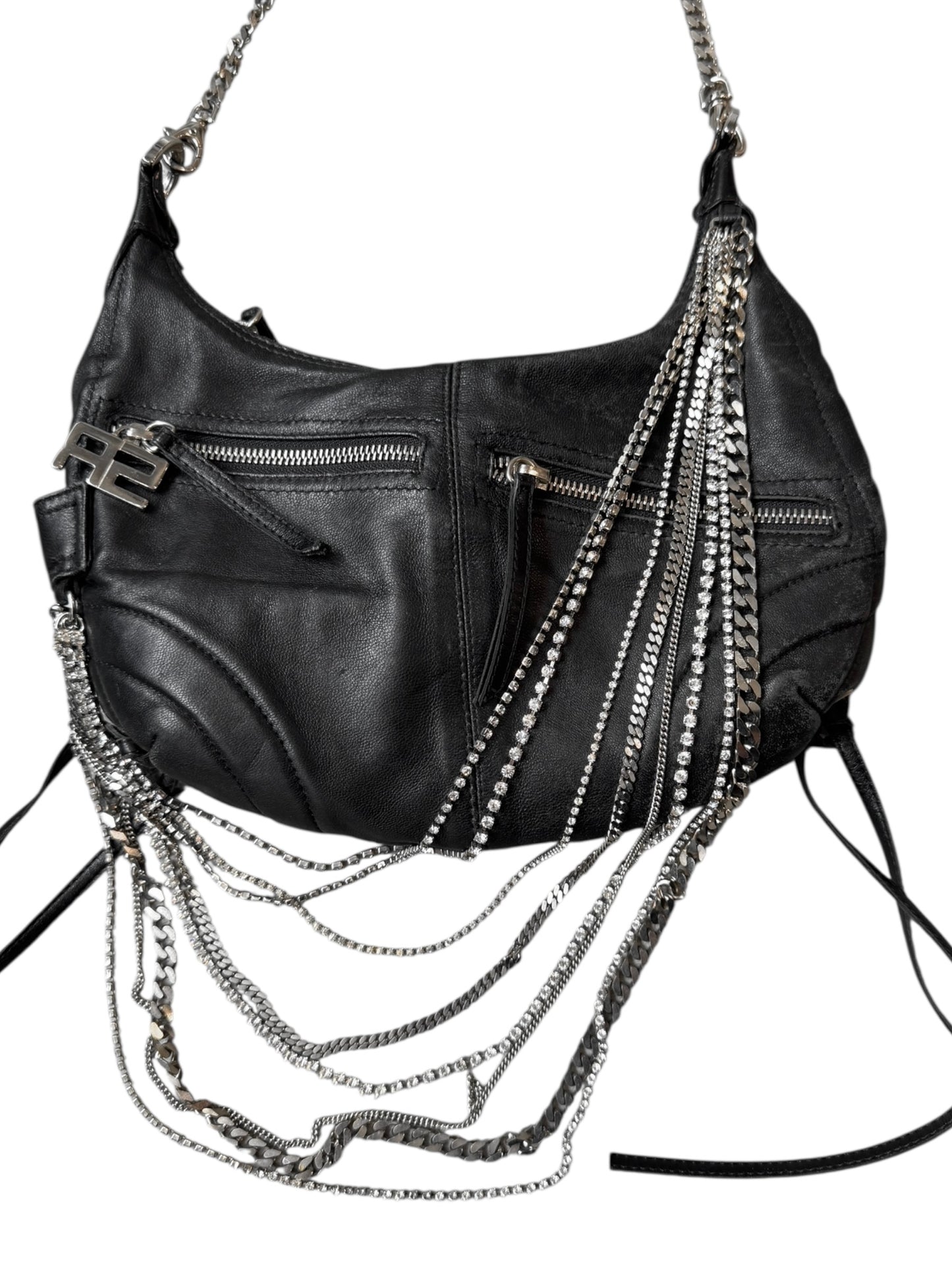 SONIA RYKIEL 2000s BLACK LEATHER CHAINS EMBELLISHED BAG