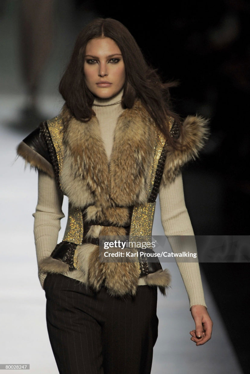 JEAN-PAUL GAULTIER FW2008 FOX FUR, LEATHER & RHINESTONES SLEEVELESS JACKET