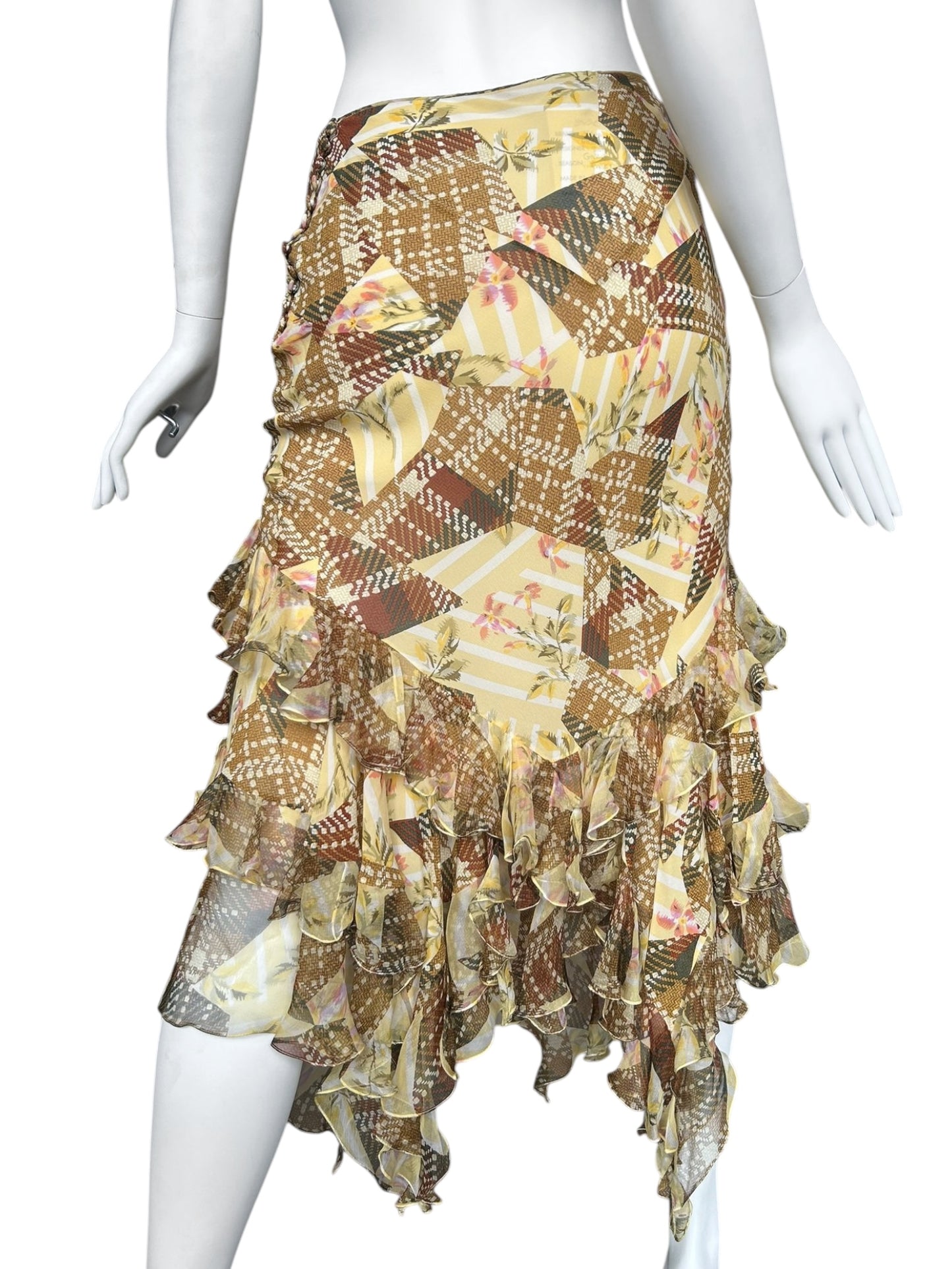 JOHN GALLIANO FW2004 YELLOW & BROWN TARTAN SILK RUFFLES MAXI SKIRT