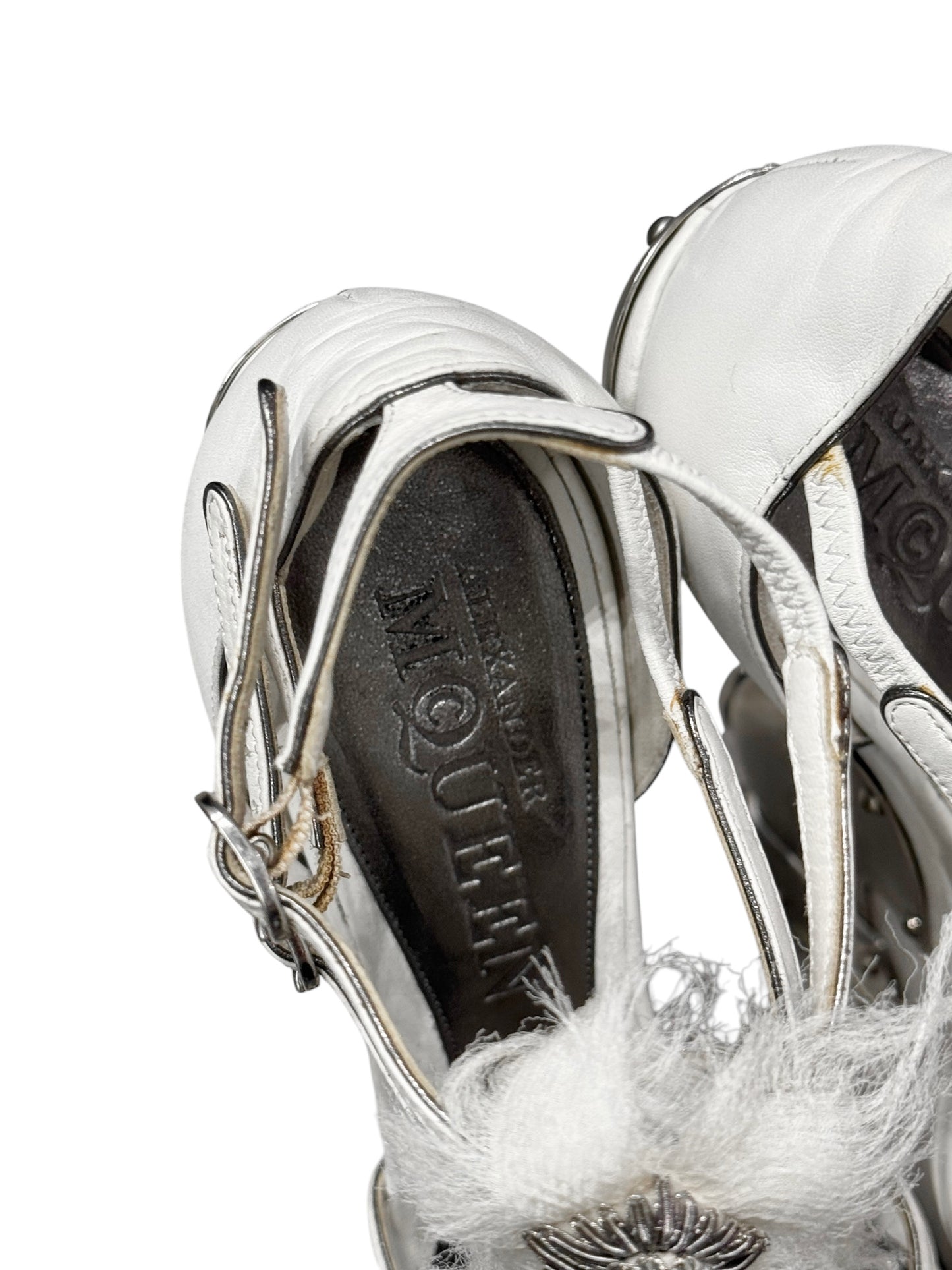 ALEXANDER MCQUEEN FW2011 BY SARAH BURTON WHITE LEATHER, SILK & METAL WEDGE SANDALS