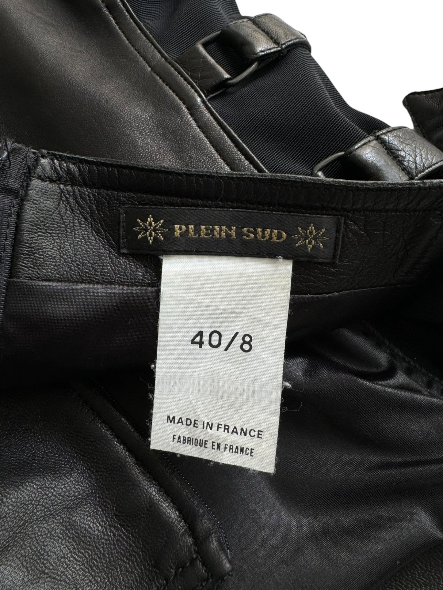 PLEIN SUD FW2001 BLACK LEATHER BONDAGE BUSTIER MINI DRESS