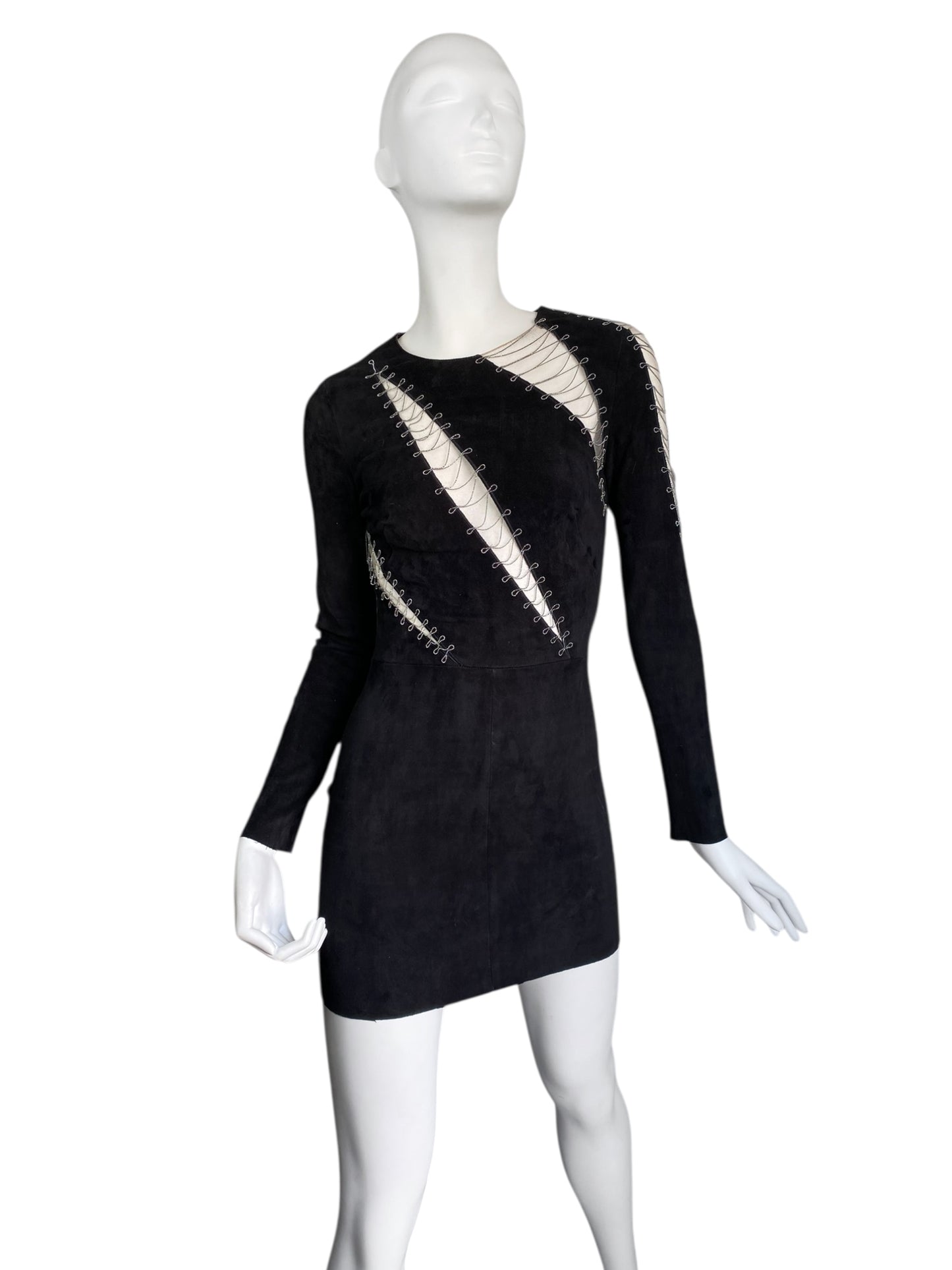 JITROIS 2000s BLACK SUEDE LEATHER TULLE CUT OUT MINI DRESS