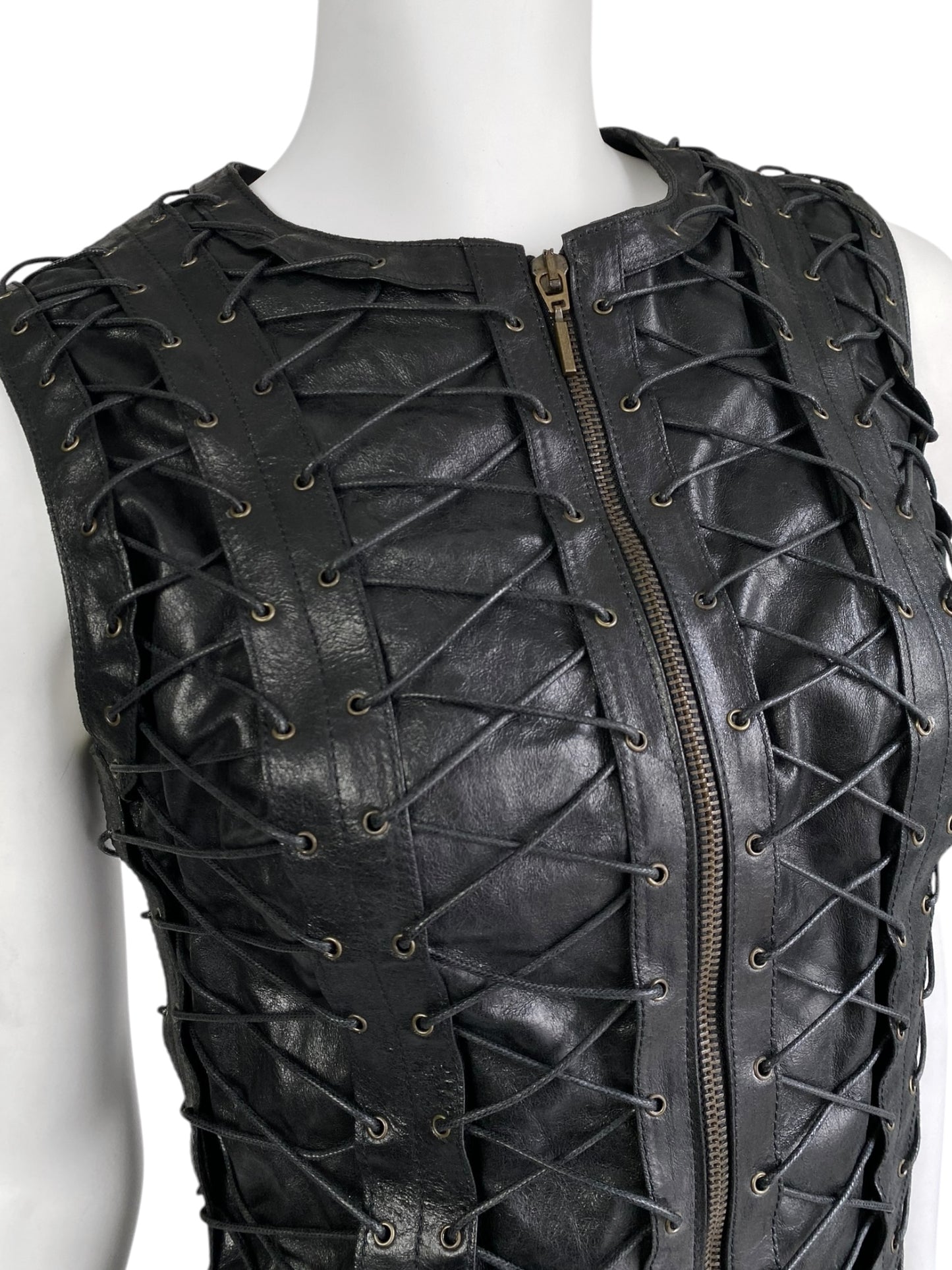PLEIN SUD FW2002 BLACK LEATHER LACE-UP CAGE SLEEVELESS JACKET