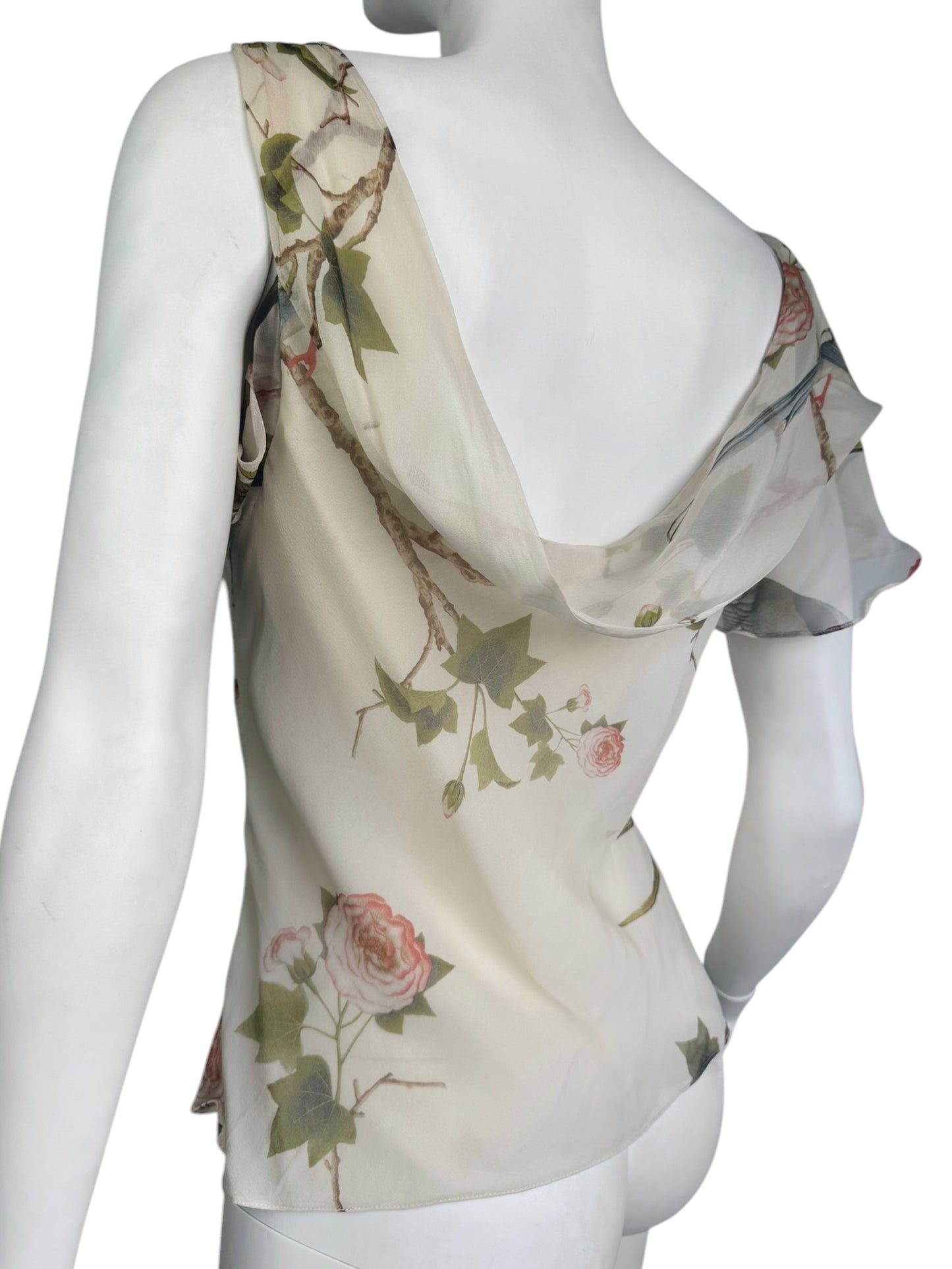 ALEXANDER MCQUEEN SS2007 «SARABANDE» BEIGE SILK BIRDS PRINT ASYMMETRICAL TANK TOP