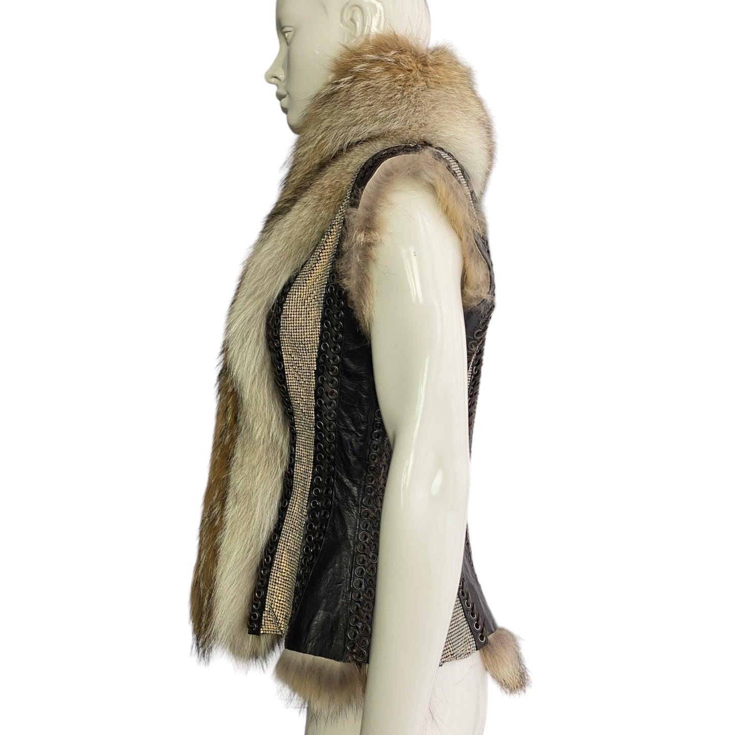 JEAN-PAUL GAULTIER FW2008 FOX FUR, LEATHER & RHINESTONES SLEEVELESS JACKET