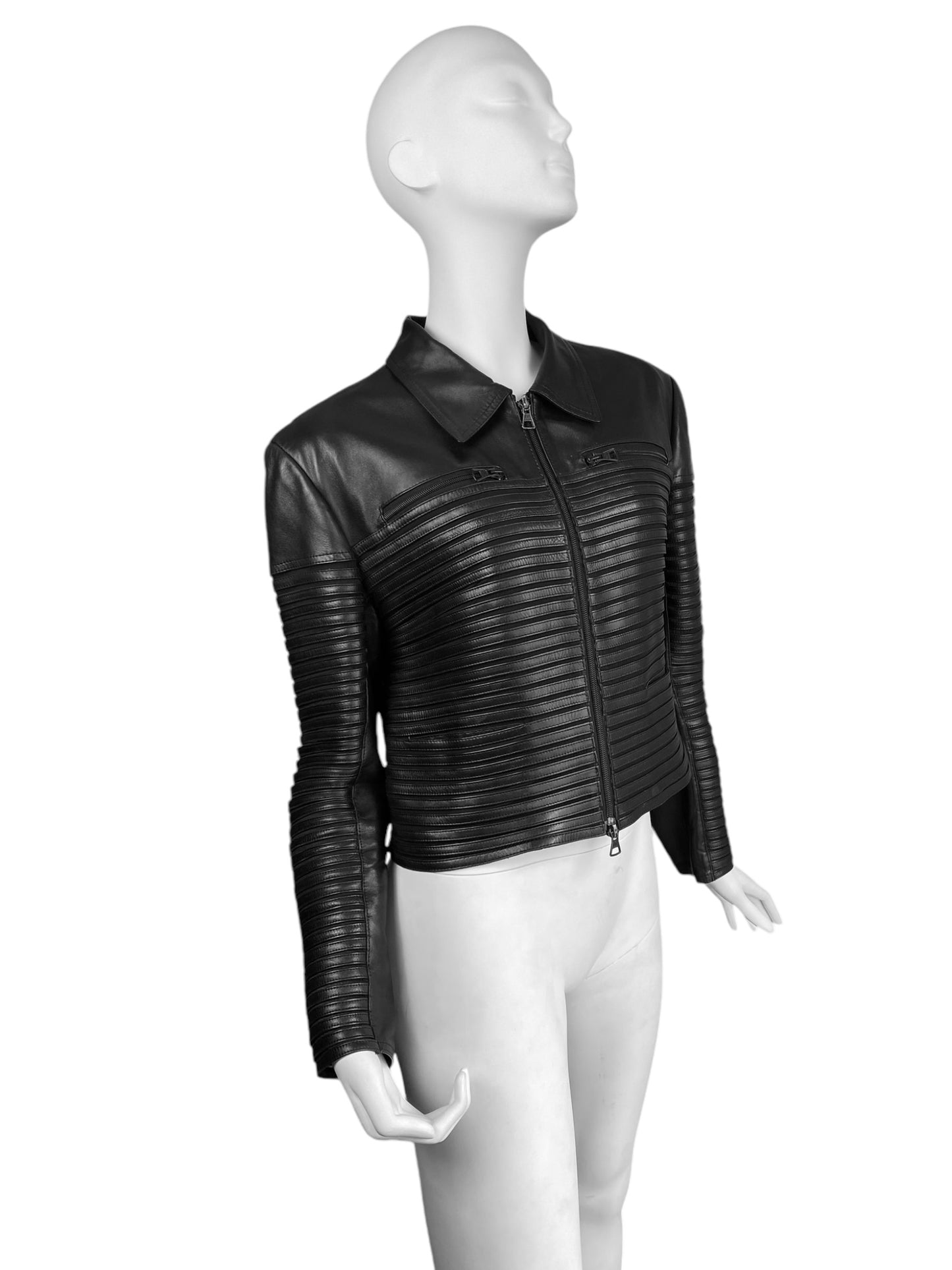 JITROIS 1999 BLACK LEATHER & SILK HORIZONTAL STRAPS ZIP JACKET