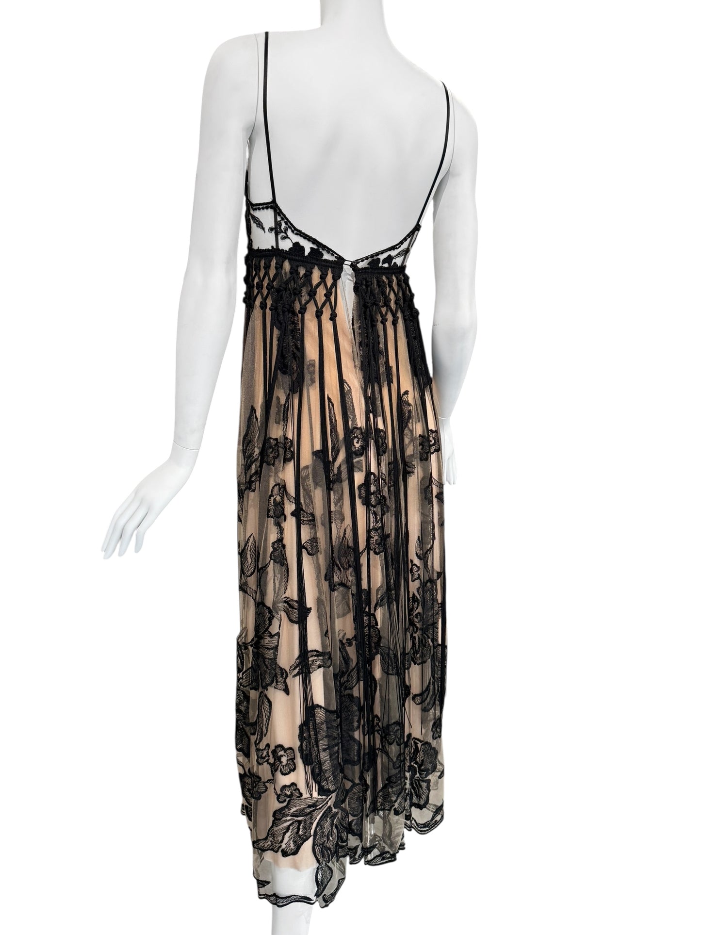 FAYÇAL AMOR 2019 BEIGE & BLACK FLORAL FRINGES MAXI DRESS