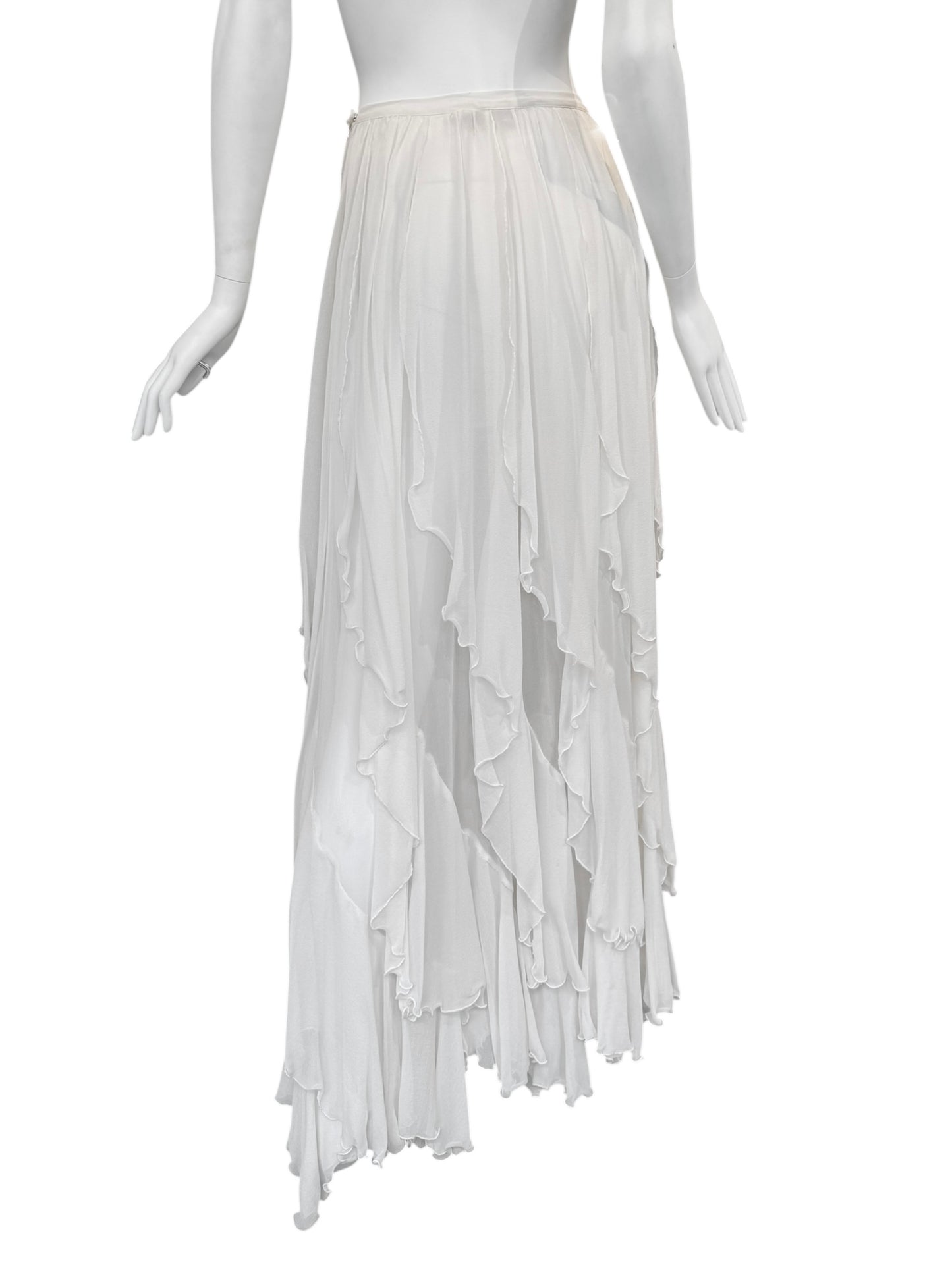 FAYÇAL AMOR 2010s WHITE SILK CASCADING RUFFLES MAXI SKIRT