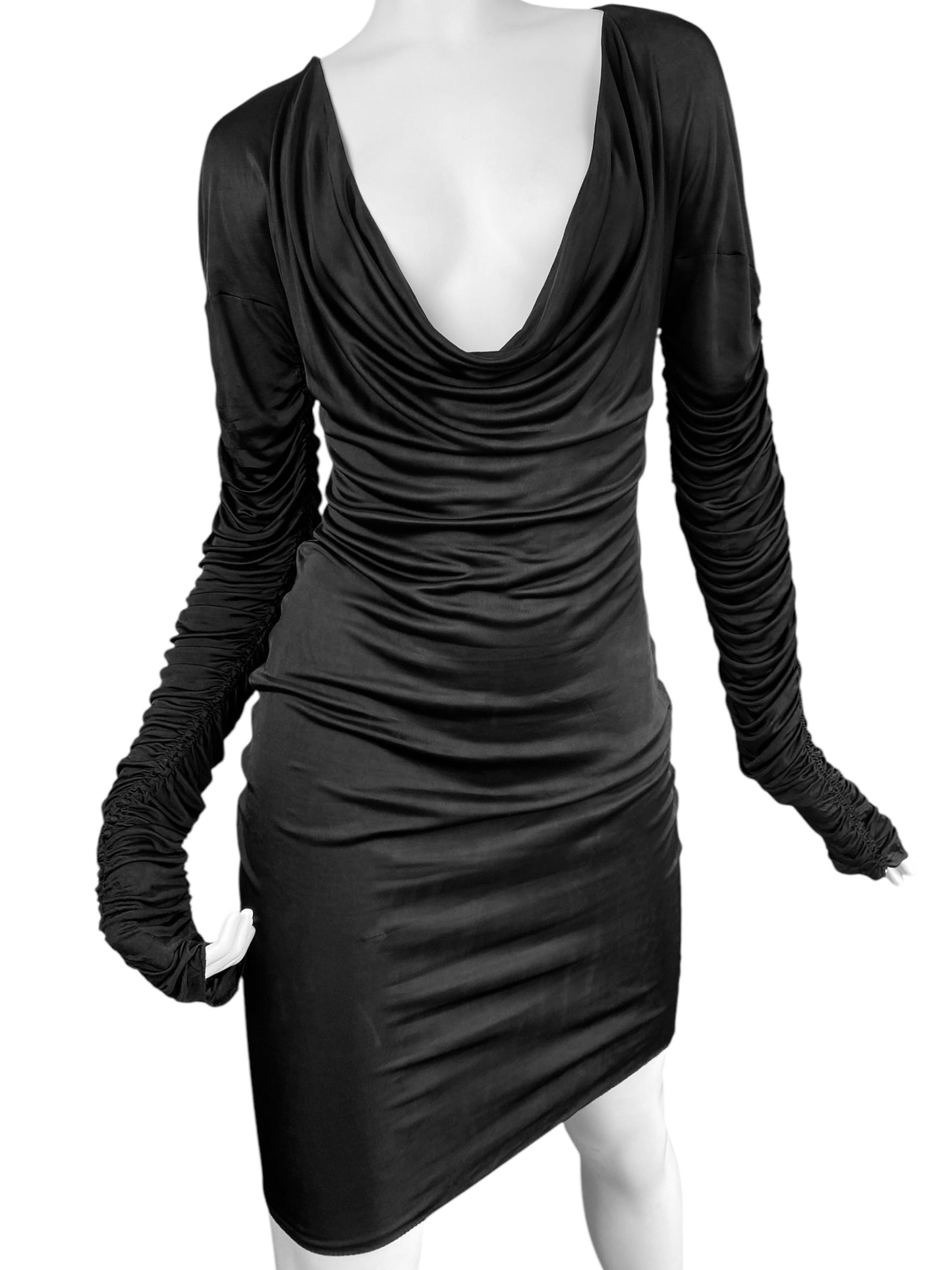 ALEXANDER MCQUEEN SS1996 «THE HUNGER» BLACK RUCHED SLEEVES DRAPED DRESS