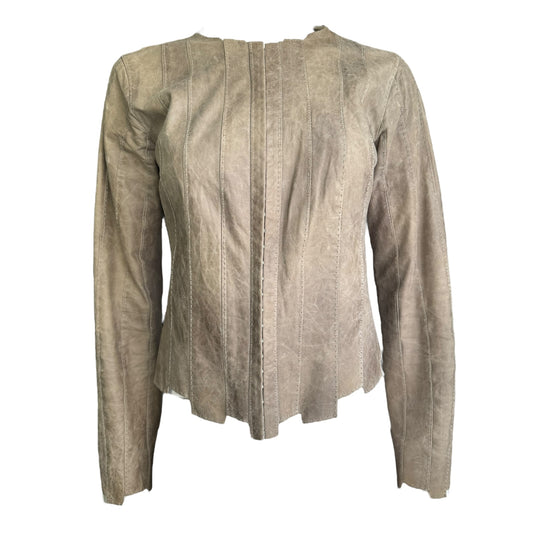 PLEIN SUD SS2003 BEIGE DISTRESSED LEATHER HOOKED JACKET