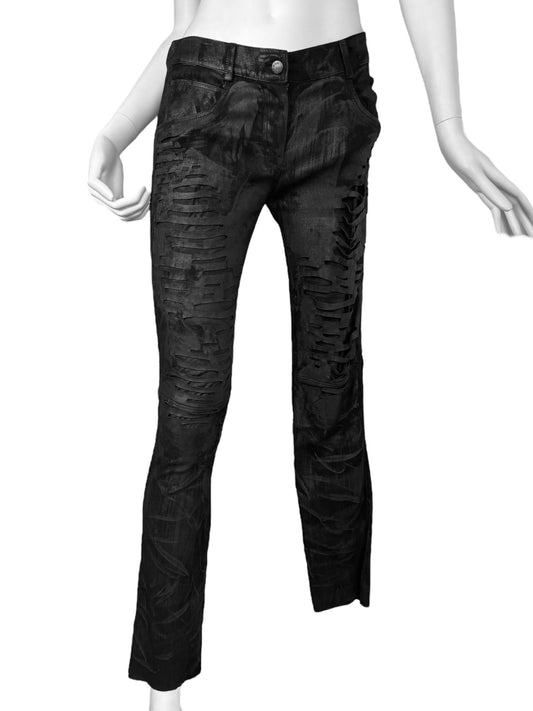 JITROIS 2010s BLACK LEATHER DISTRESS PAINTED SKINNY PANTS