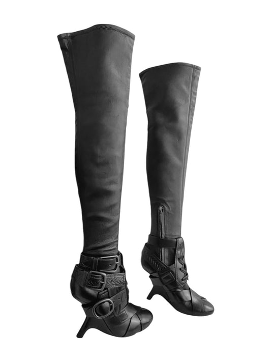 TOM FORD FW2016 BLACK LEATHER BONDAGE BELTS THIGH-HIGH BOOTS