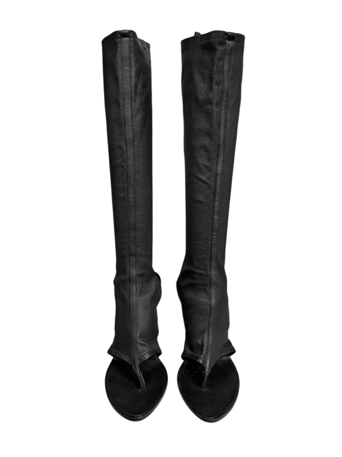 FAYÇAL AMOR SS2004 BLACK LEATHER KNEE-HIGH THONG SANDAL BOOTS