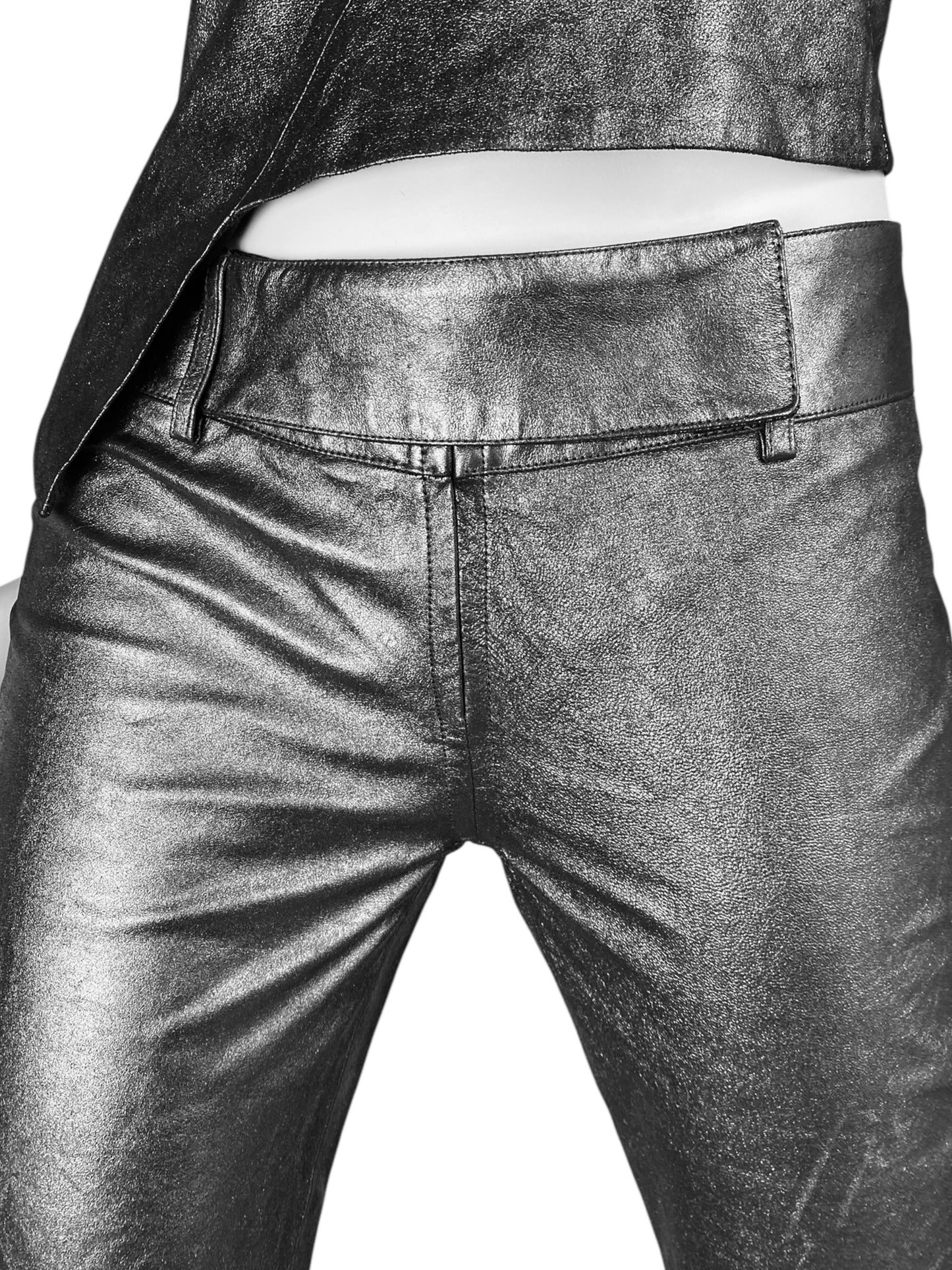 PLEIN SUD 1990s METALLIC GREY LEATHER PANTS