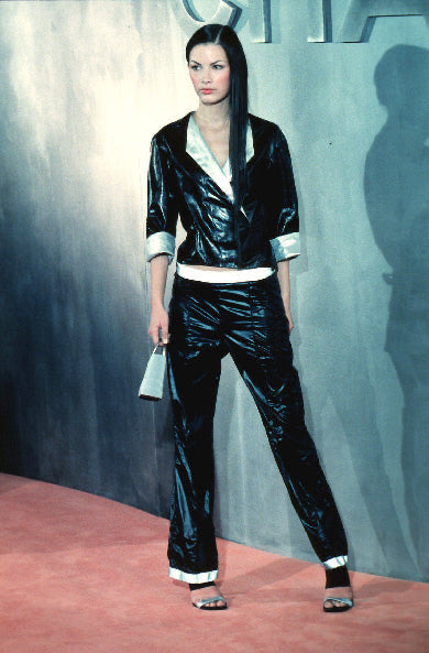 CHANEL SS1999 BY KARL LAGERFELD BLACK NYLON REFLECTIVE HEM WIDE PANTS