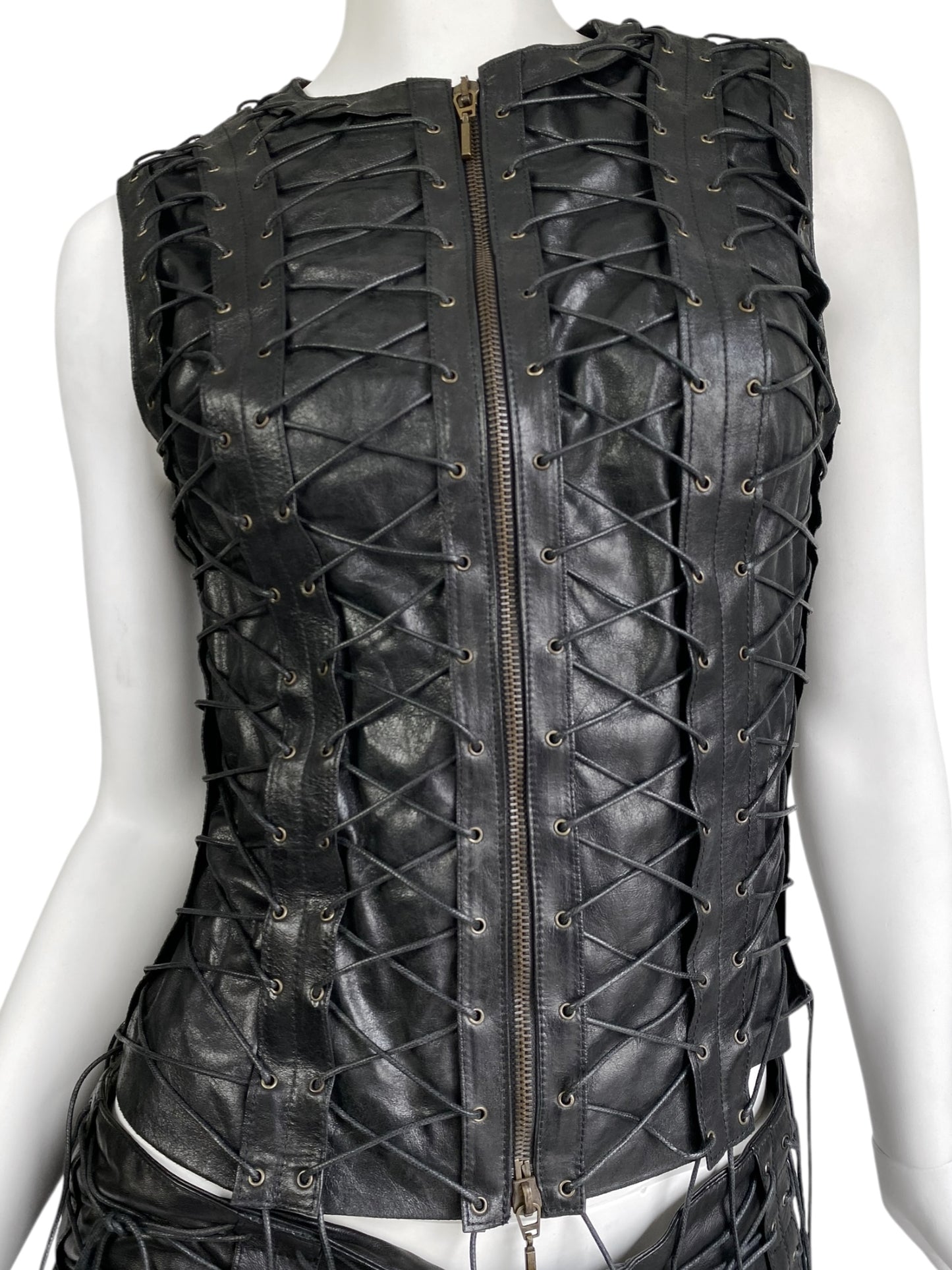 PLEIN SUD FW2002 BLACK LEATHER LACE-UP CAGE SLEEVELESS JACKET