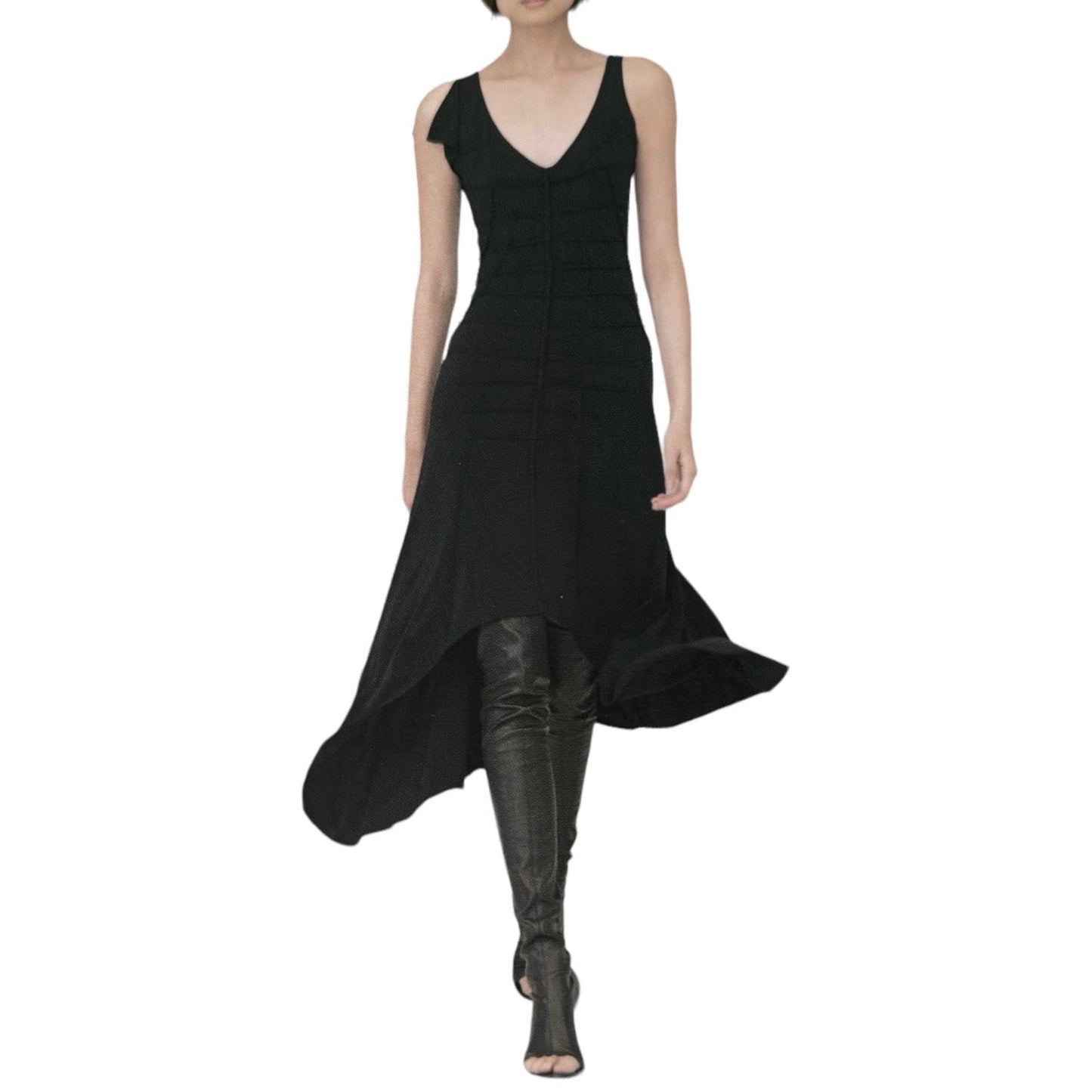 FAYÇAL AMOR SS2004 BLACK ASYMMETRICAL NECKLINE DARTED DRESS