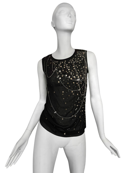 PLEIN SUD FW2003 BLACK SILK CHAINS & SEQUINS EMBELLISHED TANK TOP
