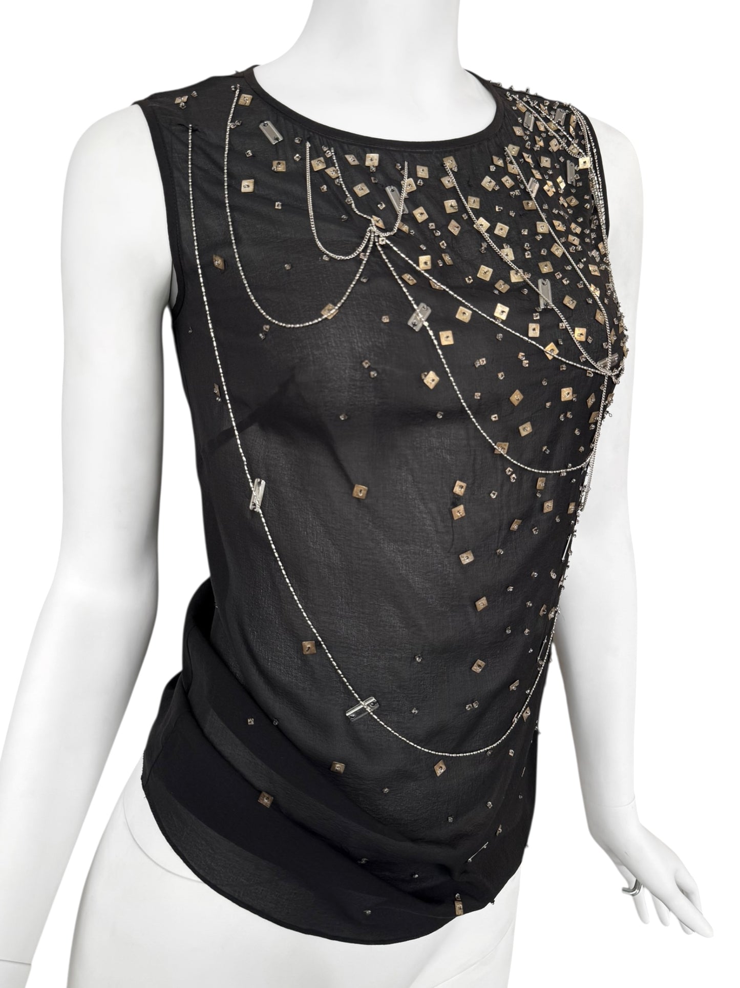 PLEIN SUD FW2003 BLACK SILK CHAINS & SEQUINS EMBELLISHED TANK TOP